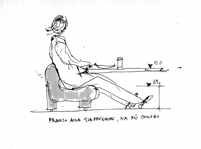 The design for the Botolo chair with its variation of short or long legs. Sketch c/o Arflex. 