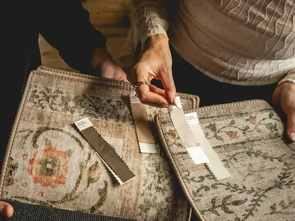 People reviewing washable rug colour samples