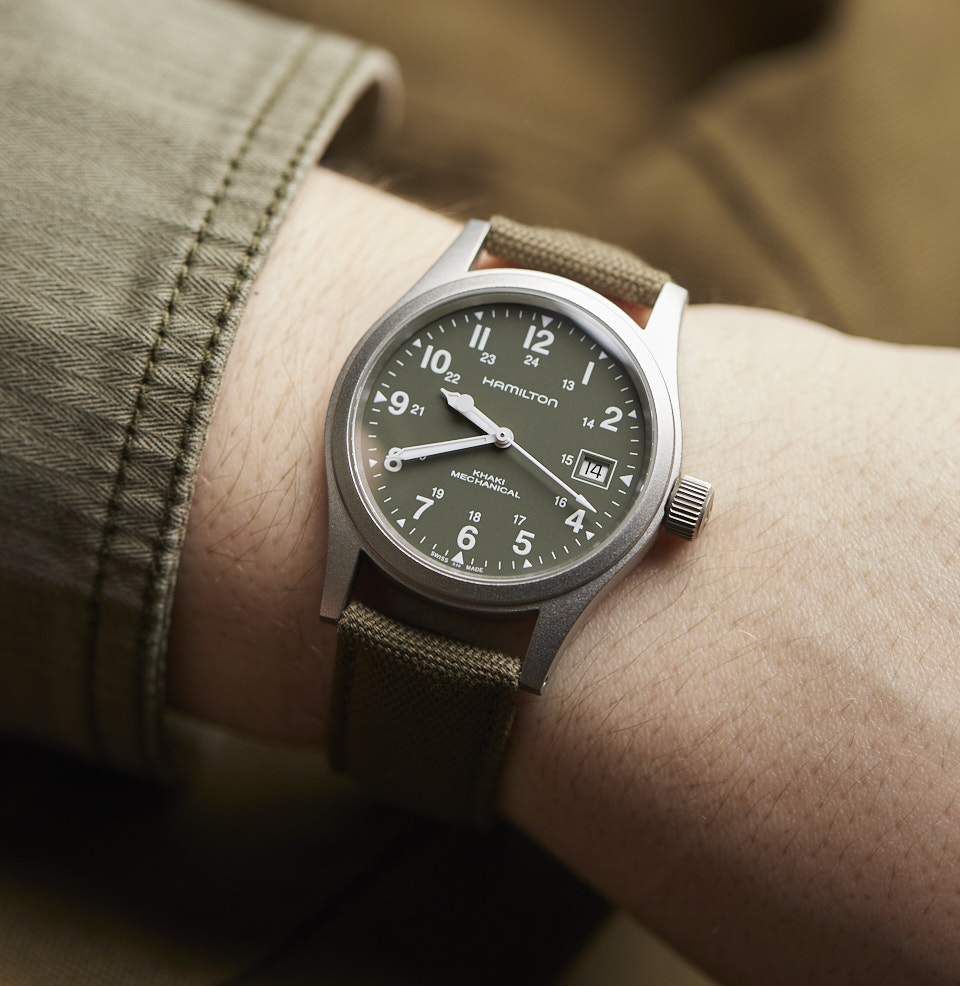 Khaki Field Mechanical Date 38mm on a 7” Wrist