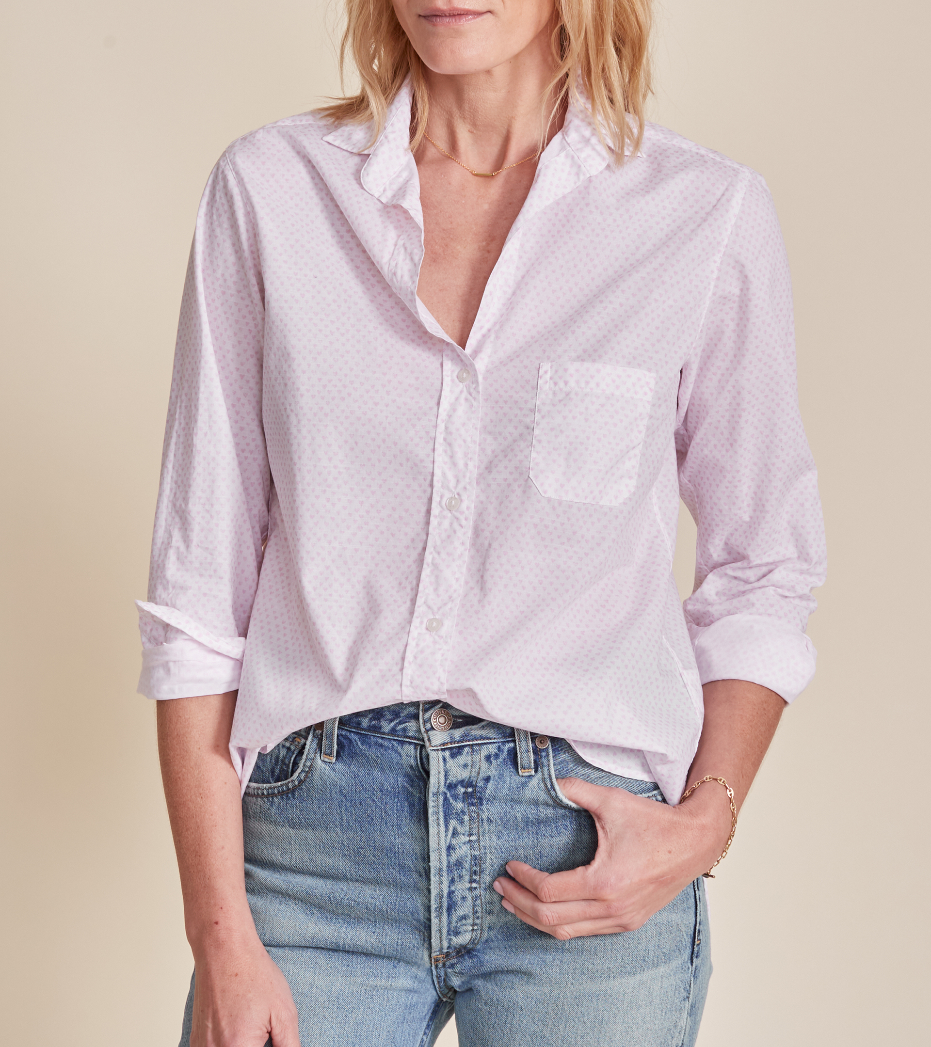 The Hero Button-Up Shirt Pink Hearts, Washed Cotton view 1