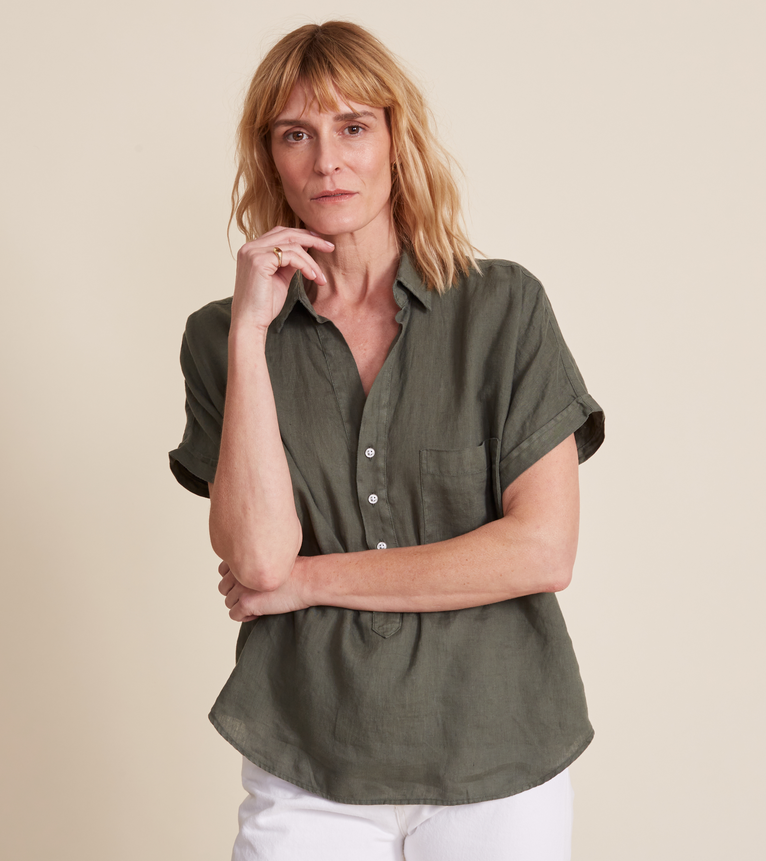 Image of The Artist Short Sleeve Shirt Army Green, Tumbled Linen Final Sale