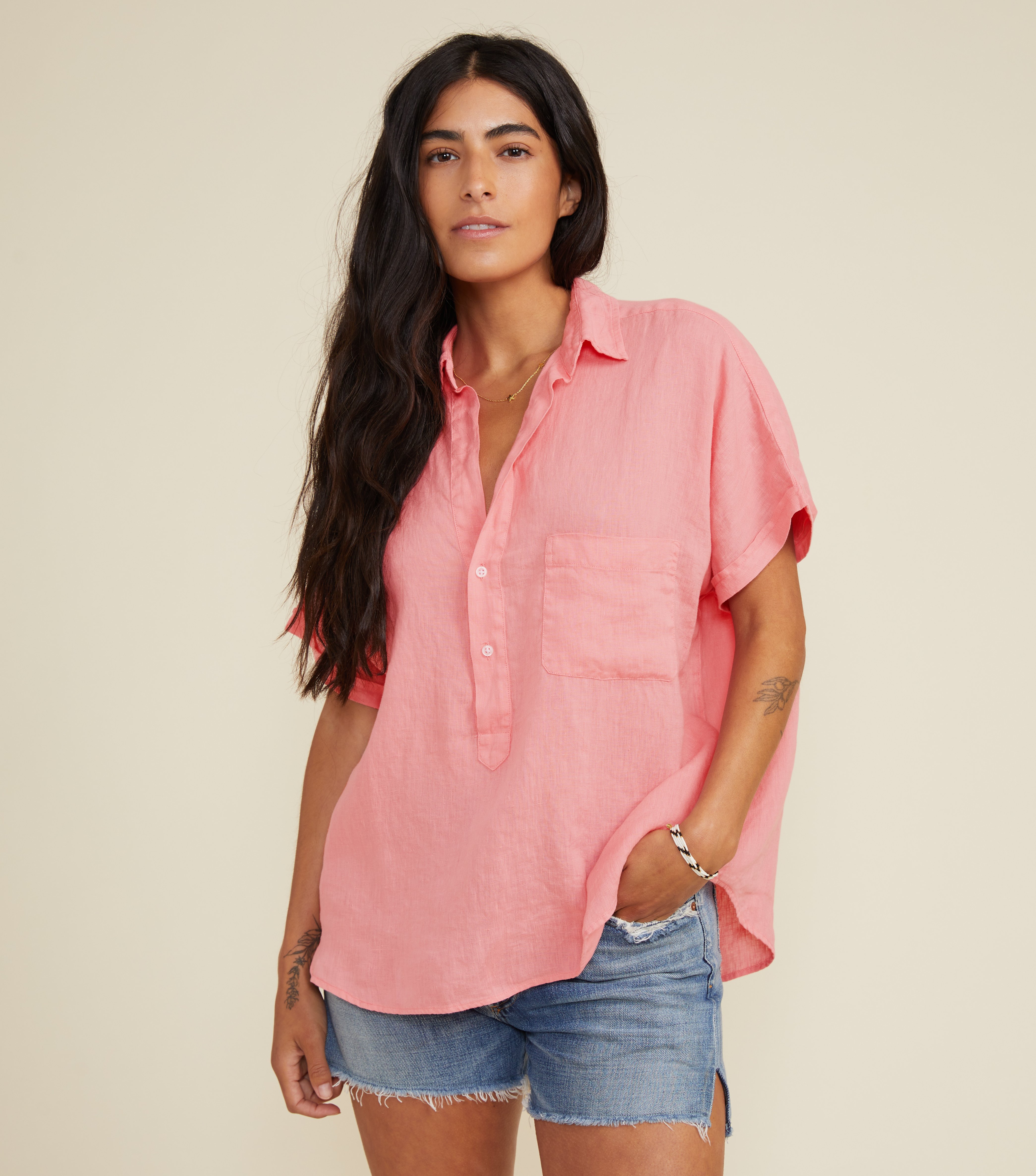 Image of The Artist Short Sleeve Shirt Hibiscus, Tumbled Linen Final Sale