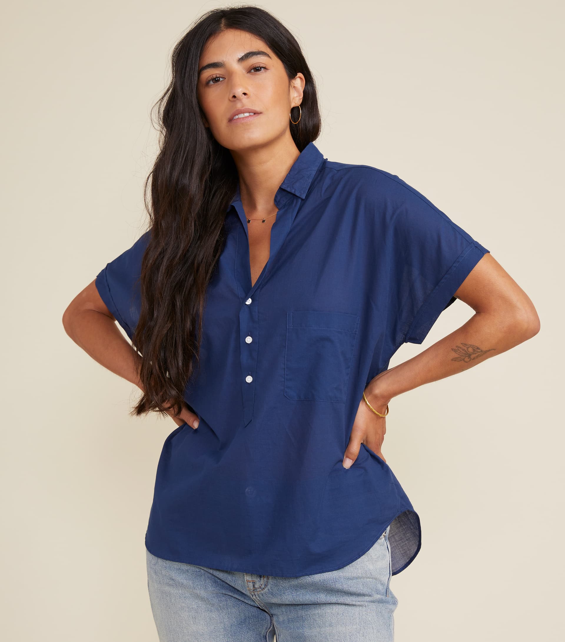 Image of The Artist Short Sleeve Shirt Navy, Tissue Cotton Final Sale