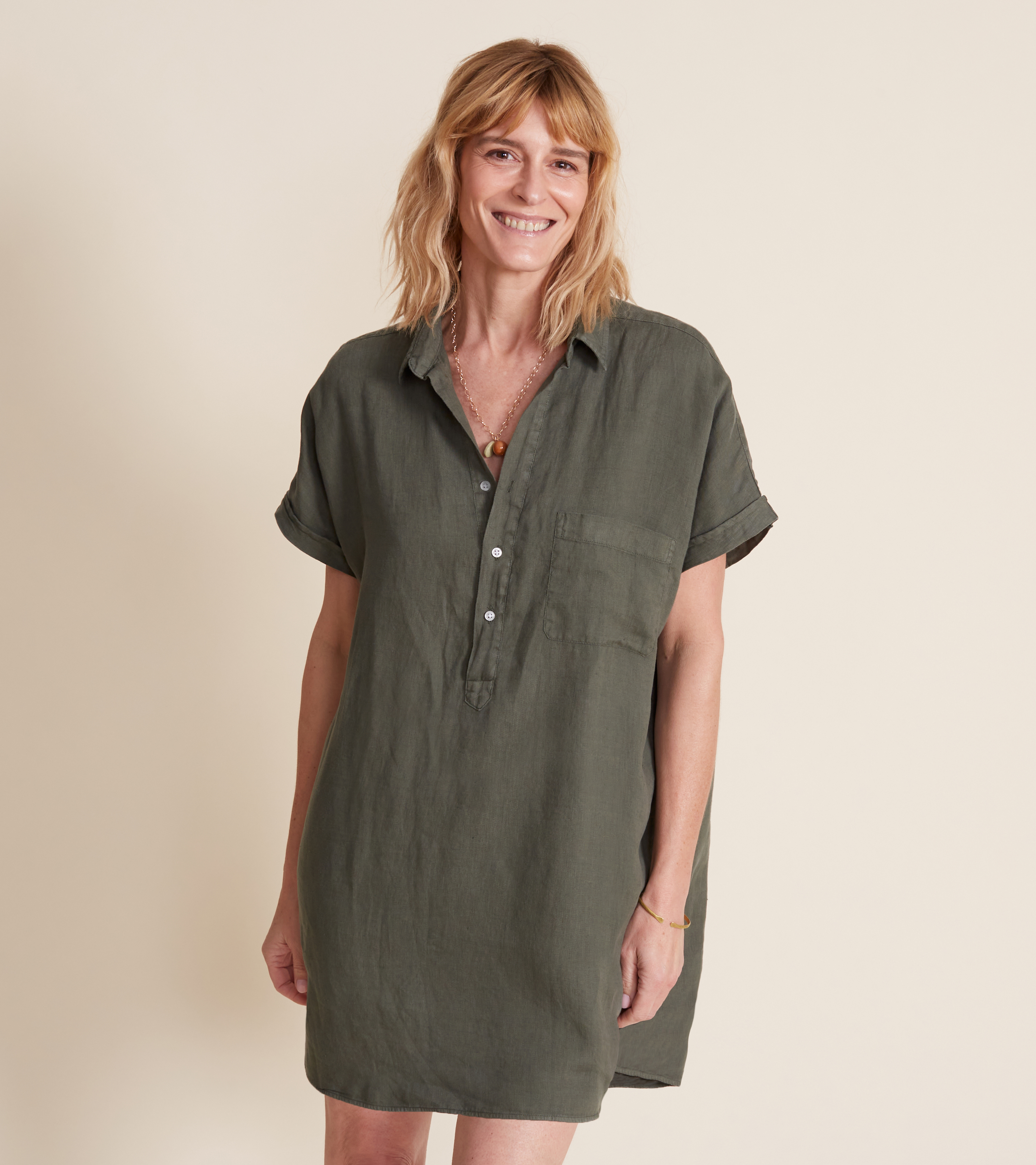 Image of The Artist Short Sleeve Dress Army Green, Tumbled Linen Final Sale