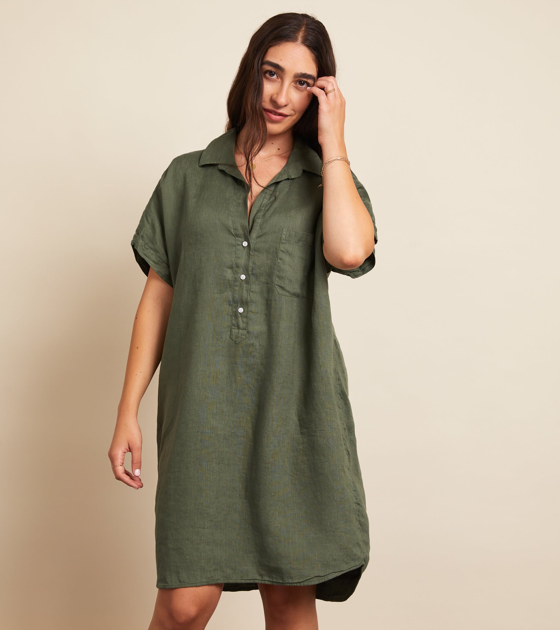 The Artist Short Sleeve Dress Army Green, Tumbled Linen Final Sale view 2