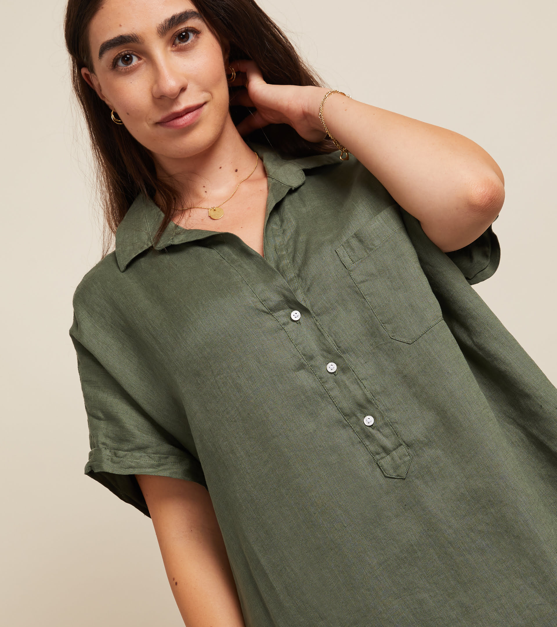 The Artist Short Sleeve Dress Army Green, Tumbled Linen Final Sale view 1