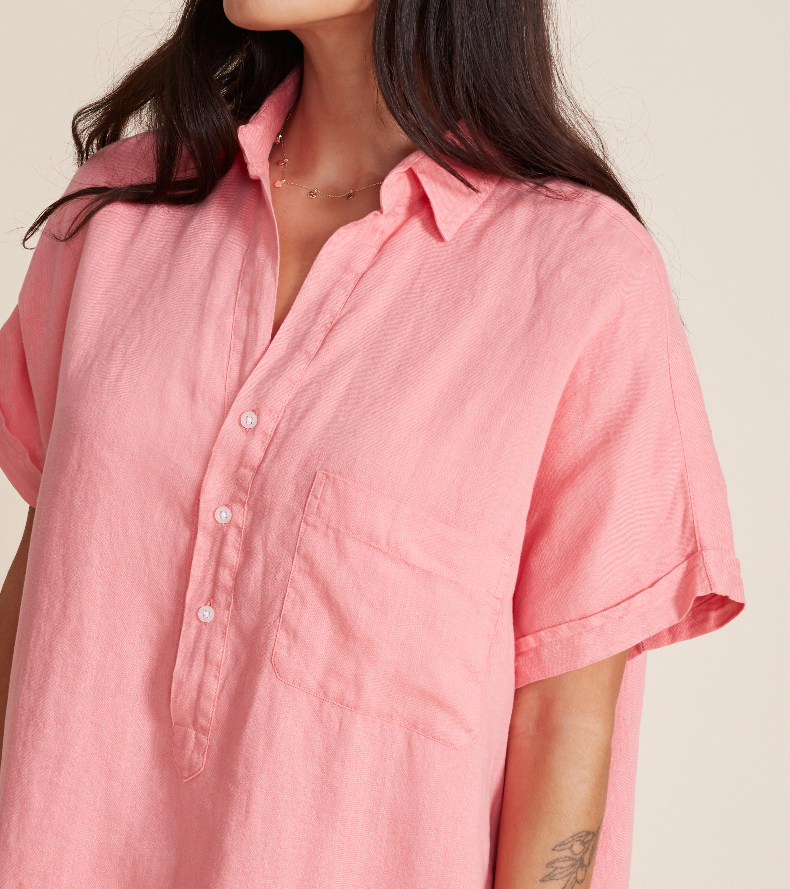 Image of The Artist Short Sleeve Dress Hibiscus, Tumbled Linen Final Sale