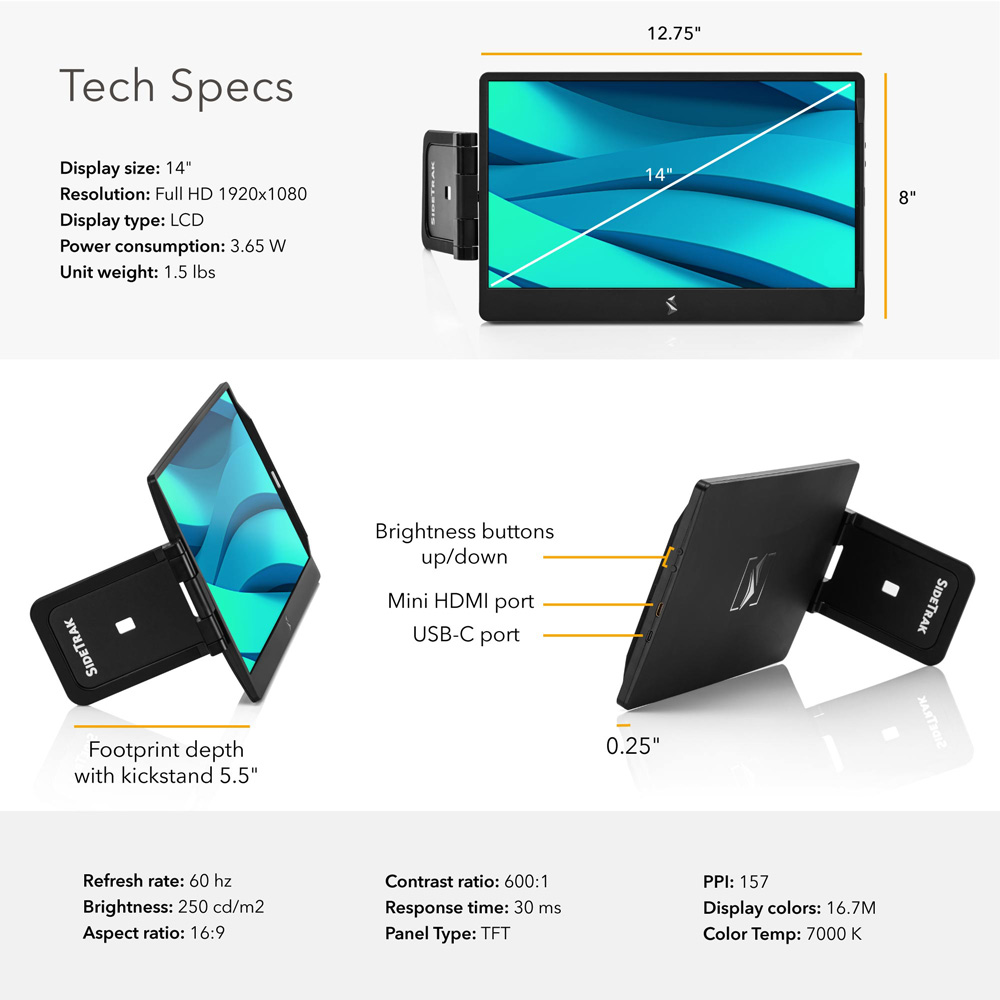 New SideTrak Swivel Portable Attachable outlets Monitor for Laptop 12.5”FHD 1080P Screen