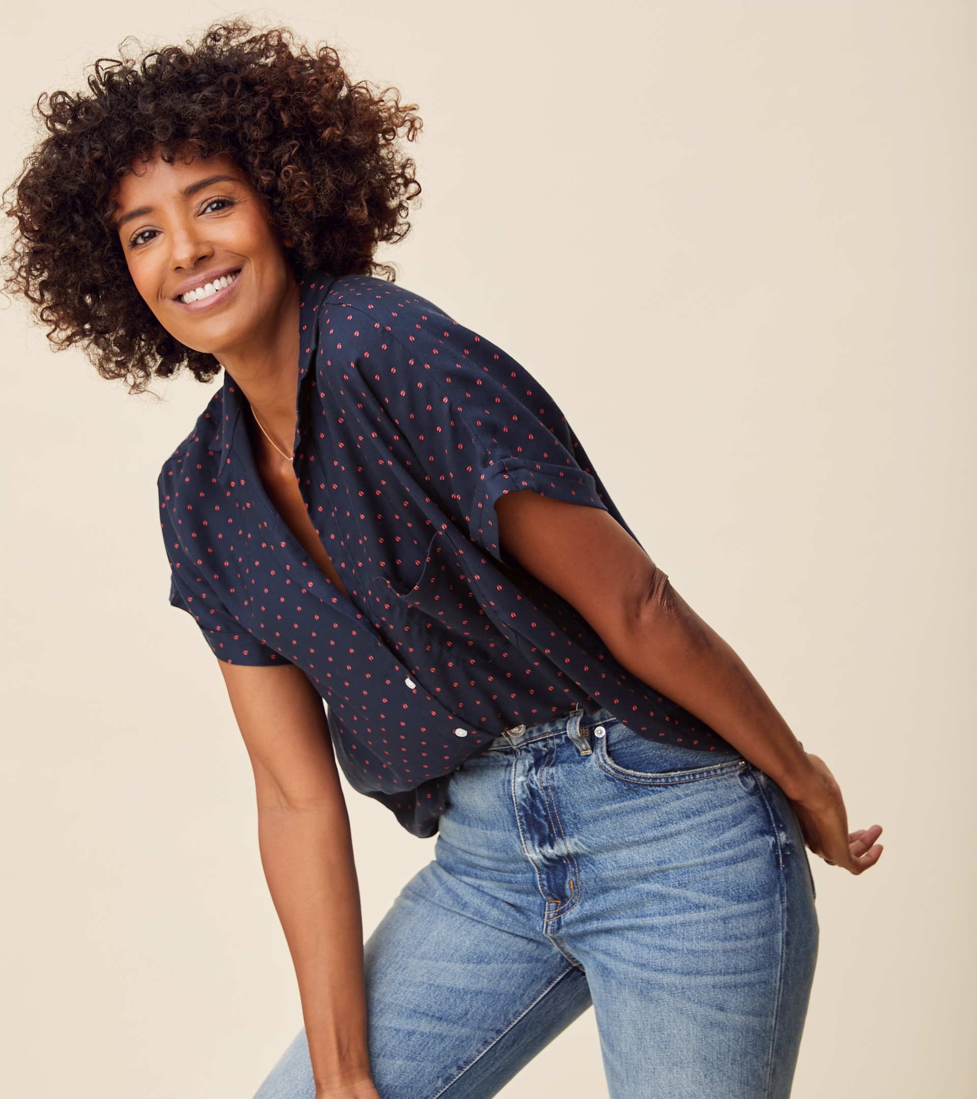 The Artist Short Sleeve Shirt Navy with Red Ladybug, Liquid Flannel Final Sale view 2