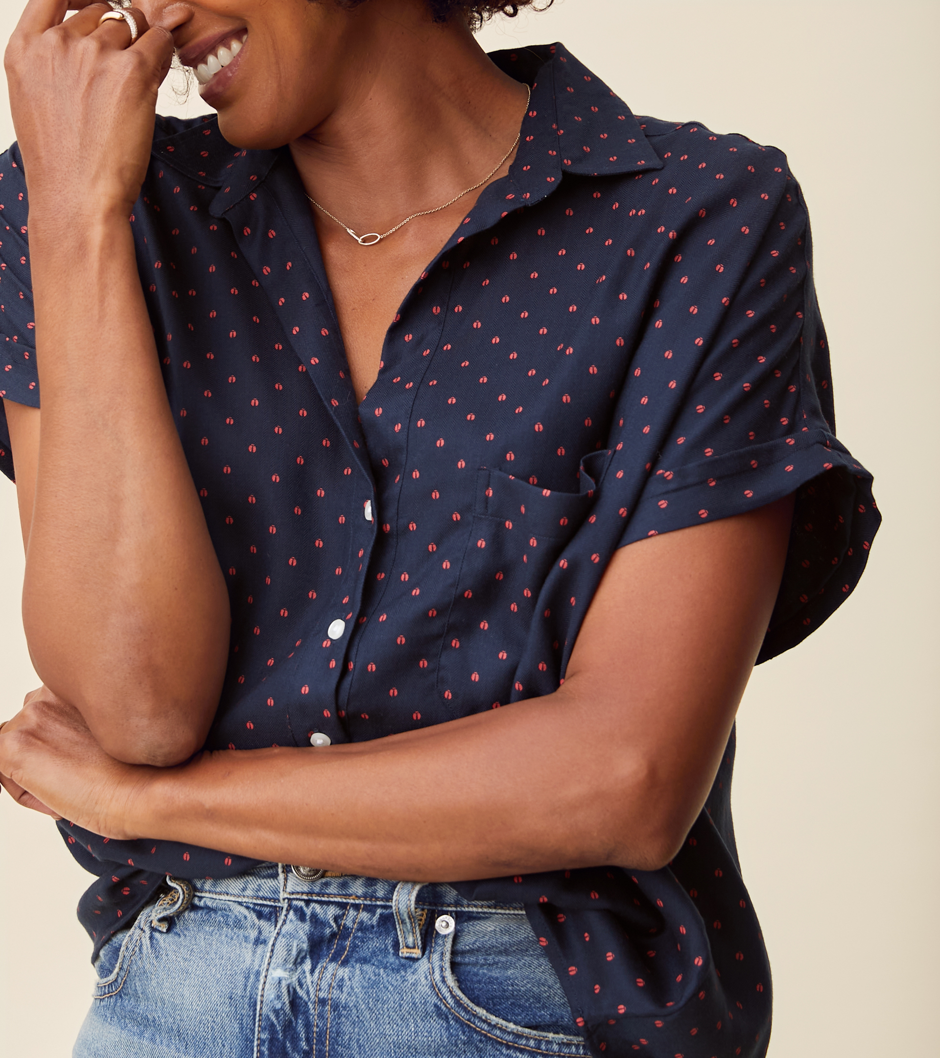 The Artist Short Sleeve Shirt Navy with Red Ladybug, Liquid Flannel Final Sale view 1