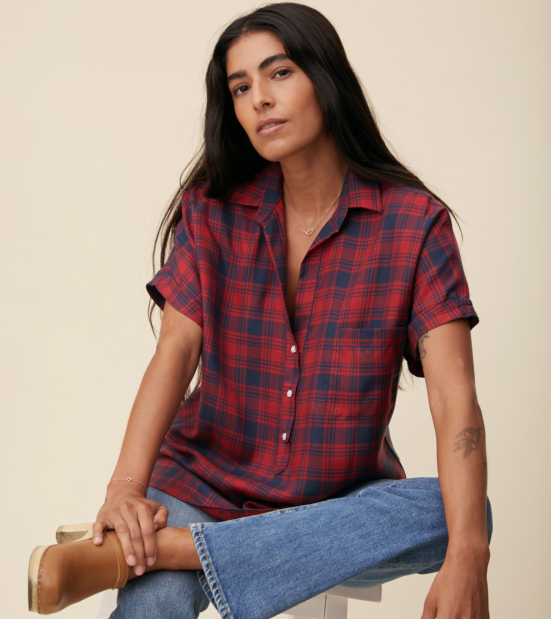 The Artist Short Sleeve Shirt Red and Navy Plaid, Liquid Flannel Final Sale view 1