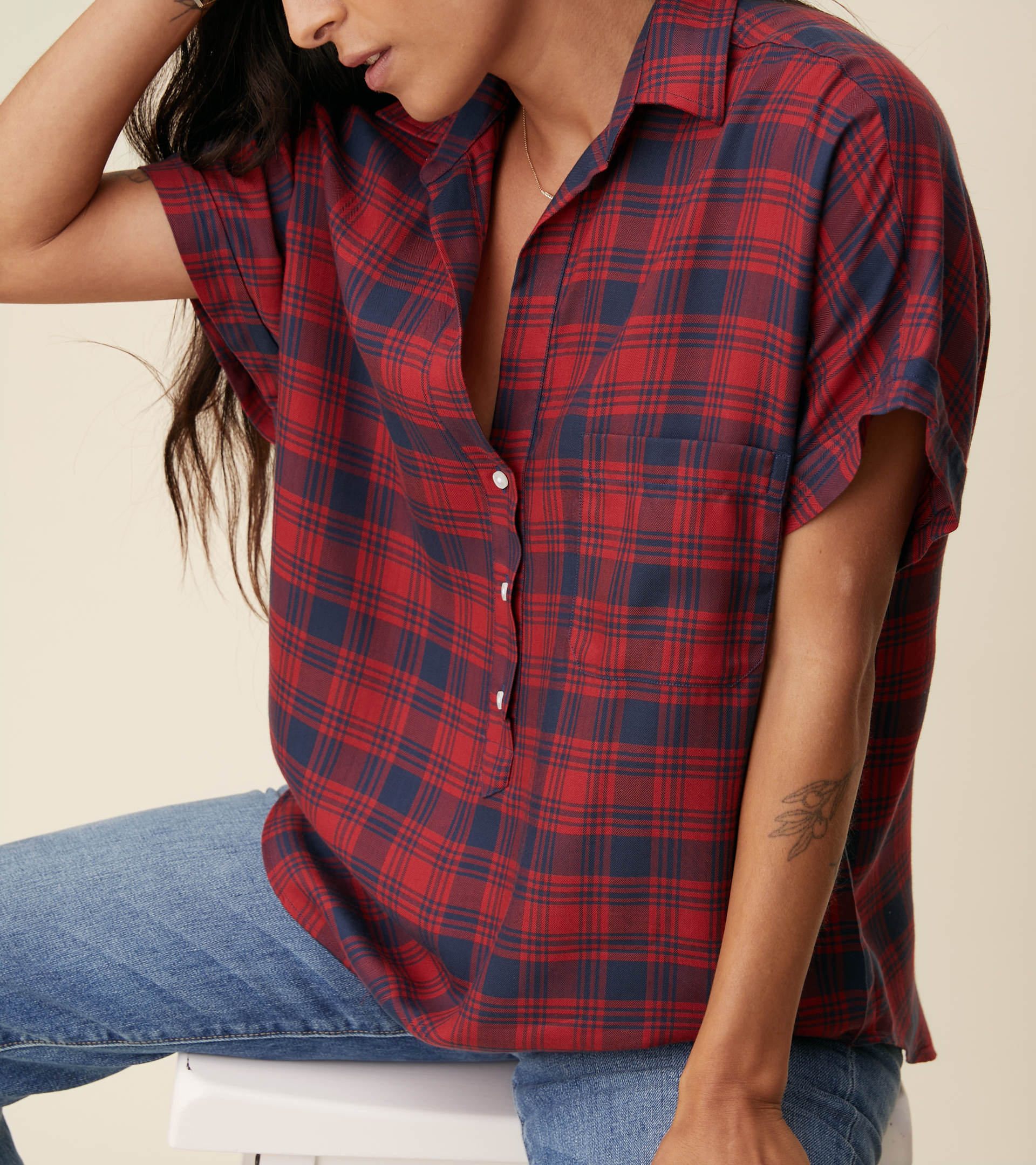 The Artist Short Sleeve Shirt Red and Navy Plaid, Liquid Flannel Final Sale view 2