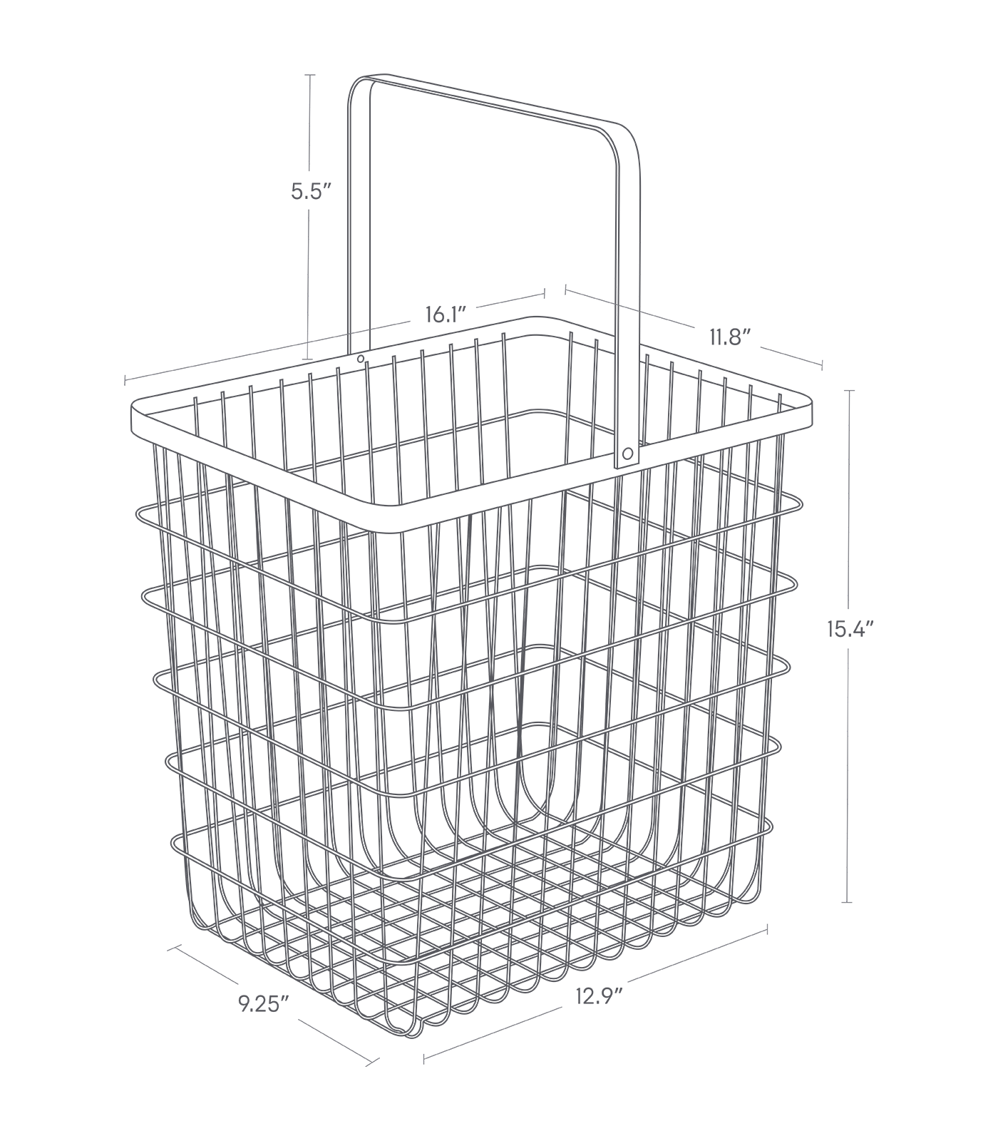 Dimension image for Wire Basket showing a total bottom length of 12.9