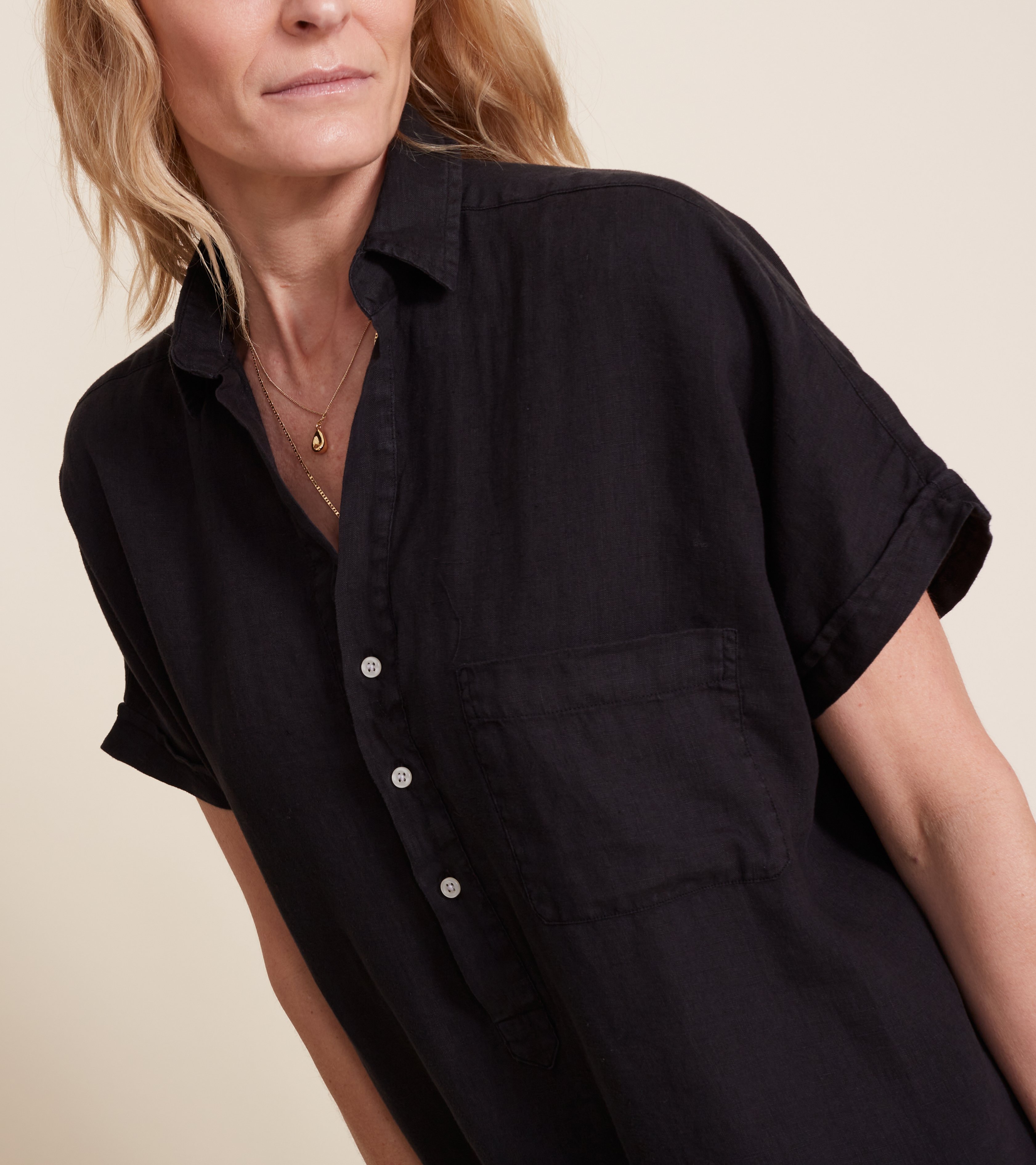 Image of The Artist Short Sleeve Dress Black, Tumbled Linen Final Sale