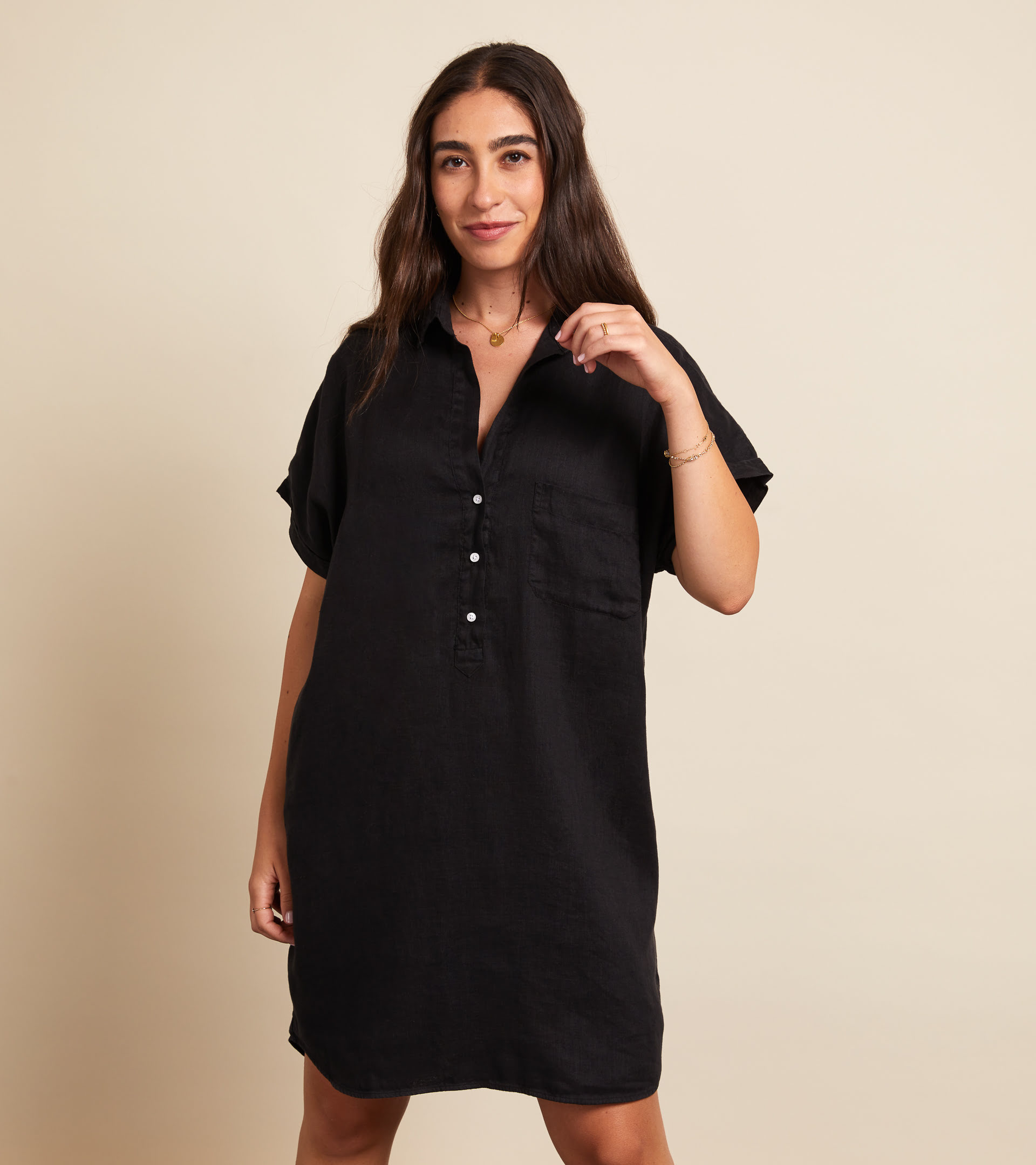 The Artist Short Sleeve Dress Black, Tumbled Linen Final Sale view 1