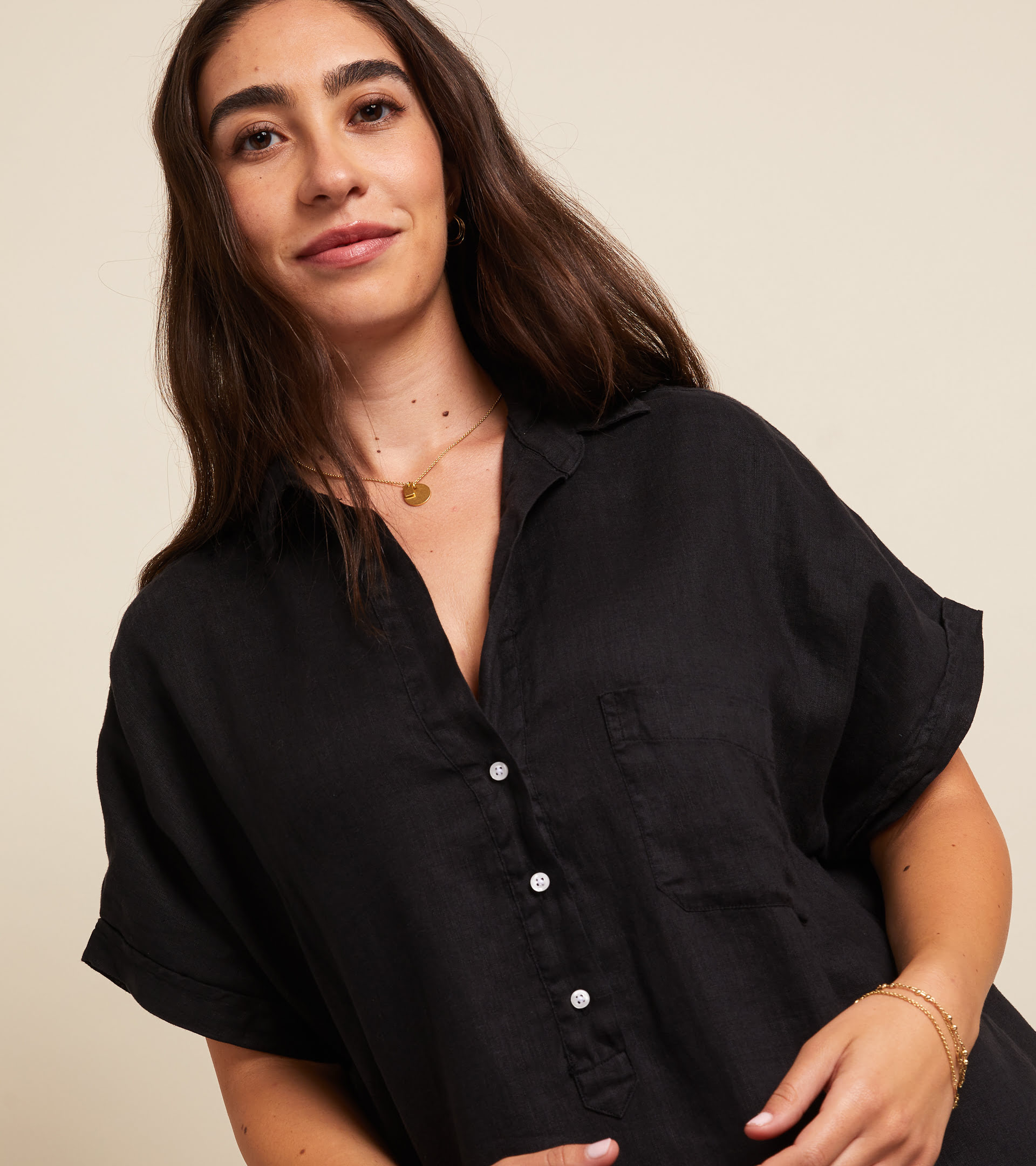 The Artist Short Sleeve Dress Black, Tumbled Linen Final Sale view 2
