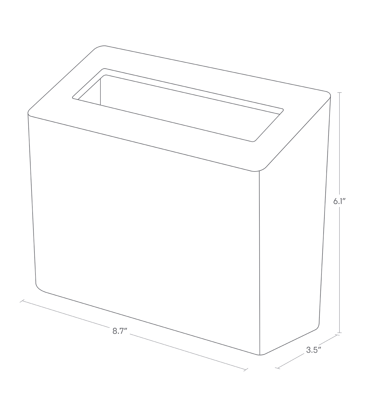Dimension image for Countertop Waste Bin on a white background including dimensions  L 3.54 x W 8.66 x H 6.1 inches