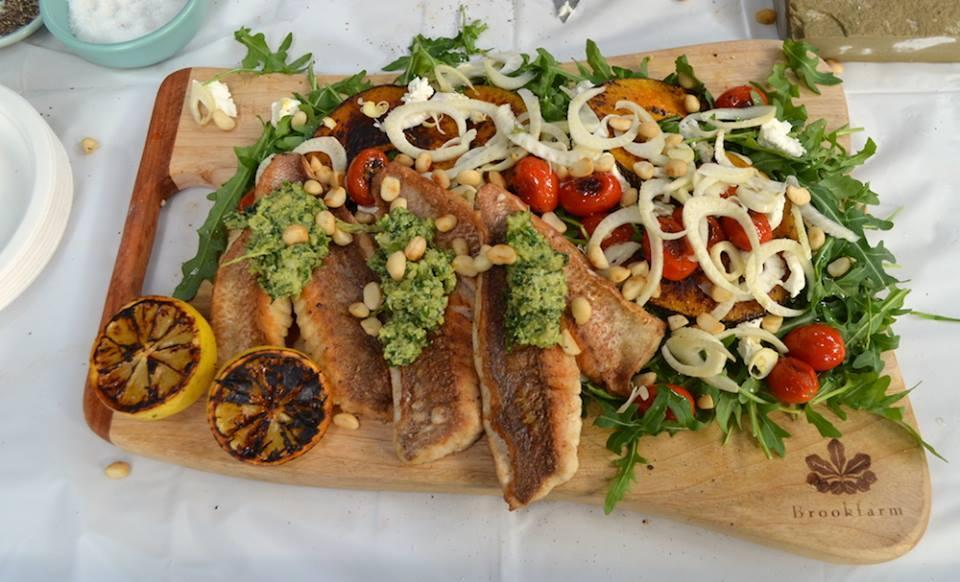 Pan Seared Snapper with Grilled Veggies Salad & Macadamia Pesto