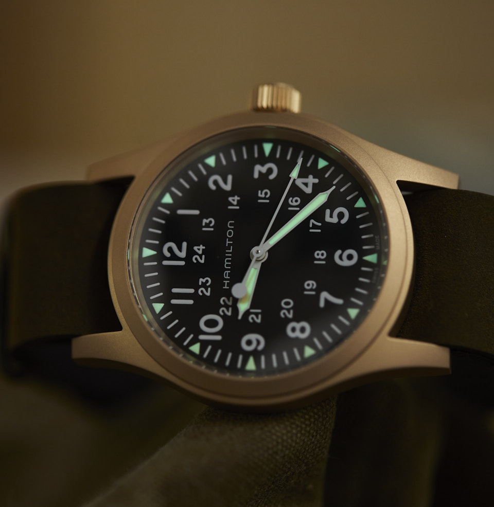 Khaki Field Mechanical 38mm Bronze Lumed hands and markers