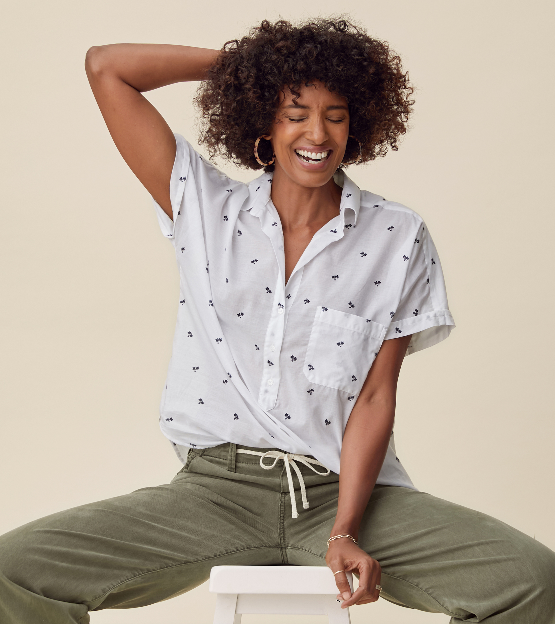 Image of The Artist Short Sleeve Shirt White with Navy Palm, Tissue Cotton Final Sale