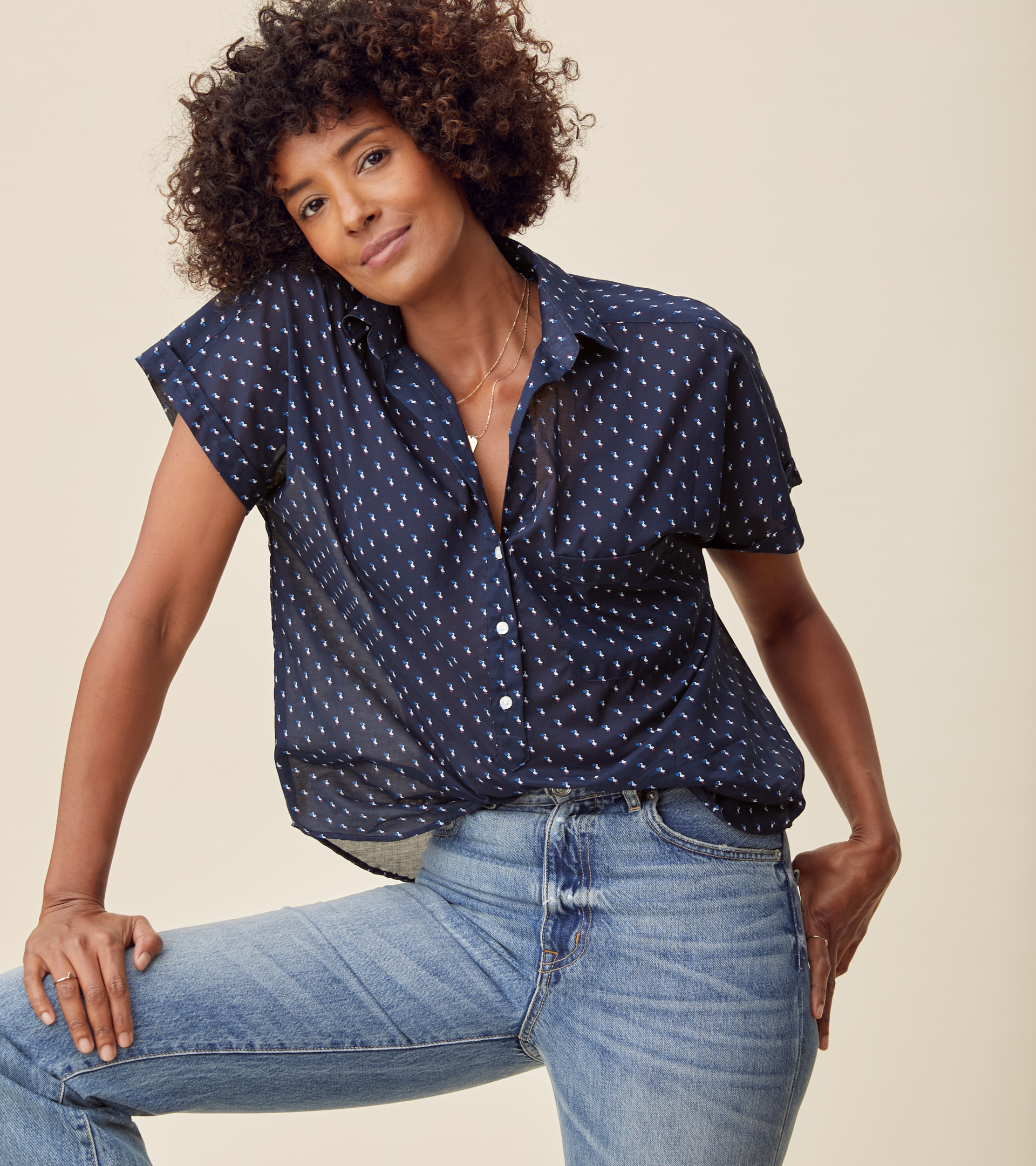 Image of The Artist Short Sleeve Shirt Navy with Pelicans, Tissue Cotton Final Sale