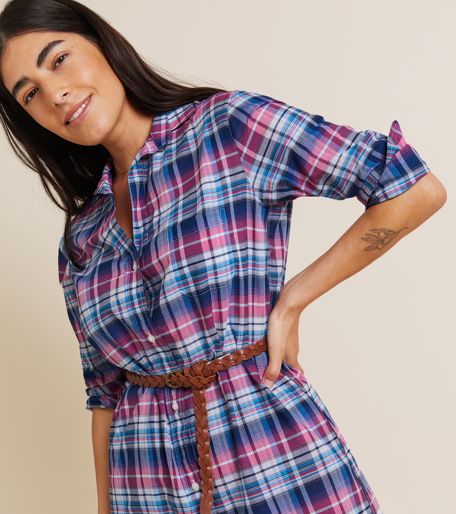 The Hero Midi Dress Blue and Pink Plaid, Tissue Cotton Final Sale view 2
