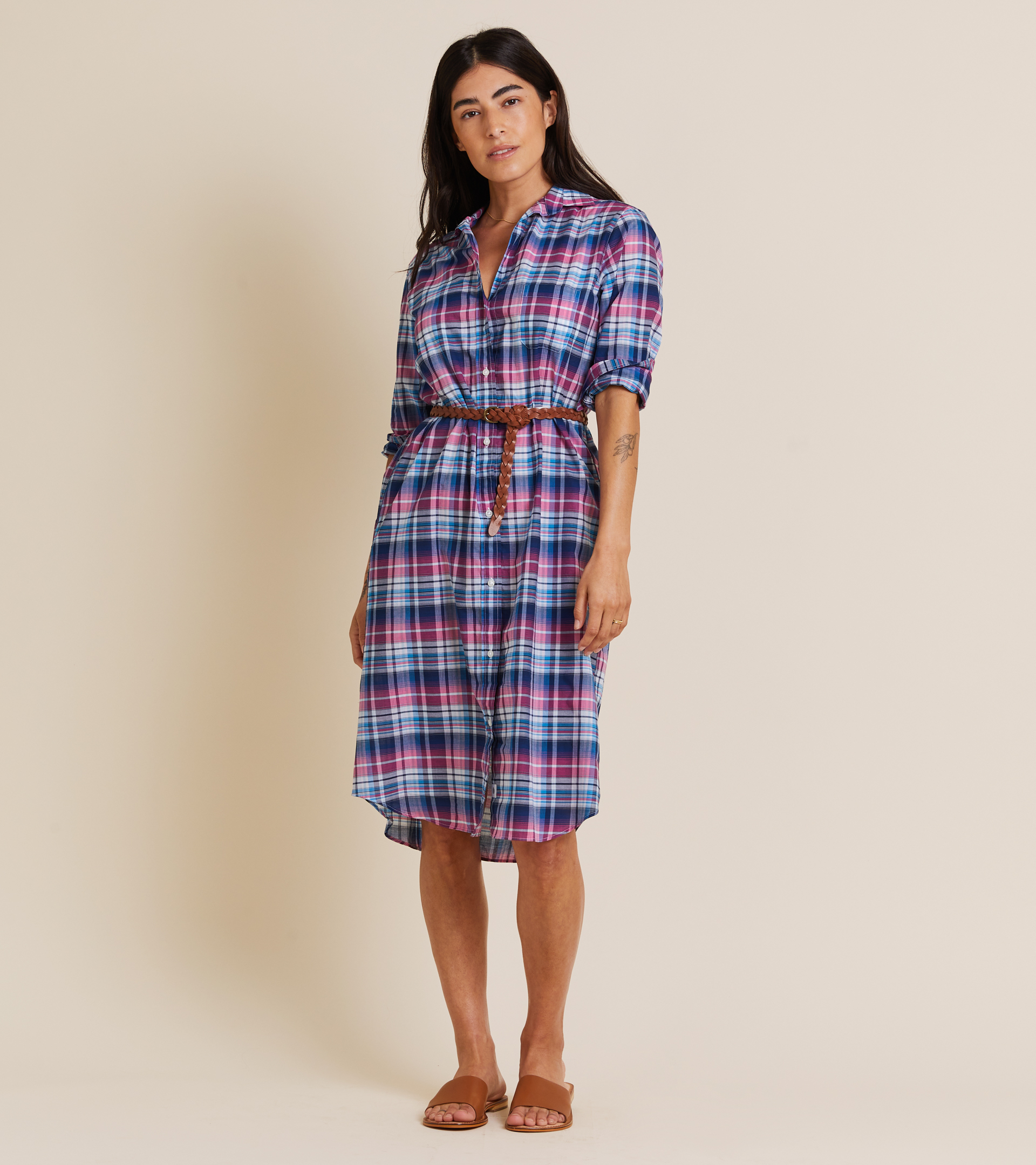 The Hero Midi Dress Blue and Pink Plaid, Tissue Cotton Final Sale view 1