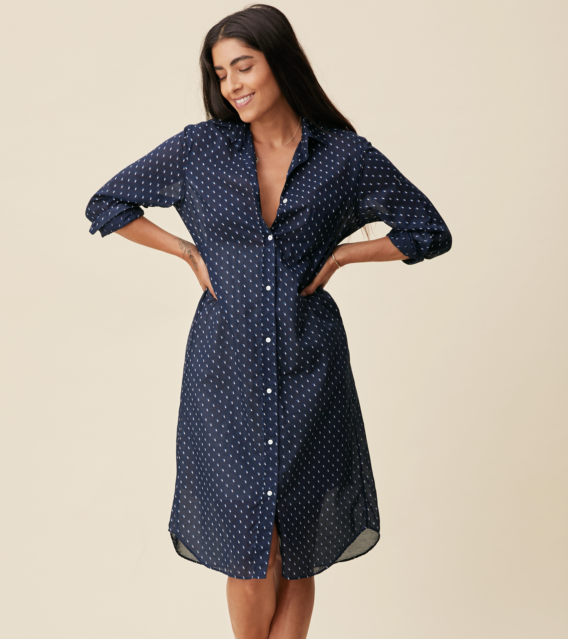 Image of The Hero Midi Dress Navy with Pelicans, Tissue Cotton Final Sale