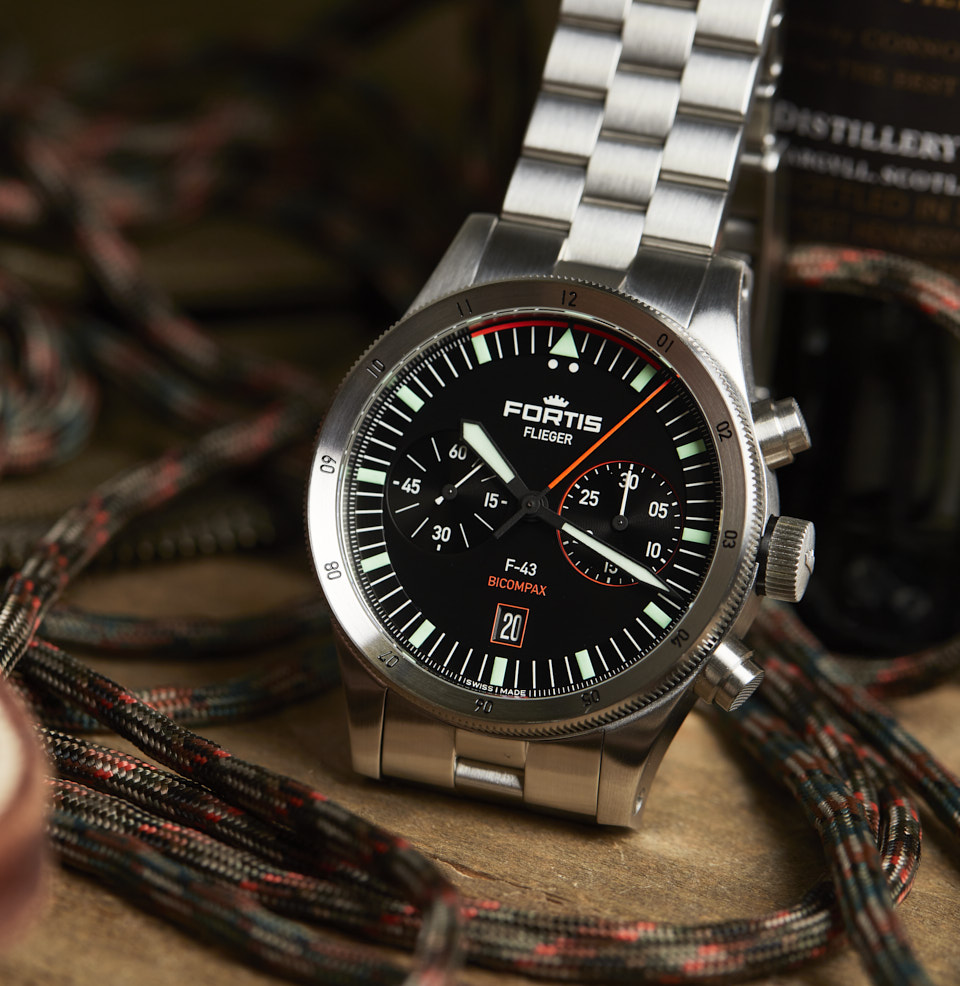 Flieger F-43 Bicompax BLACK OPALIN DIAL WITH LUMINOUS MARKERS