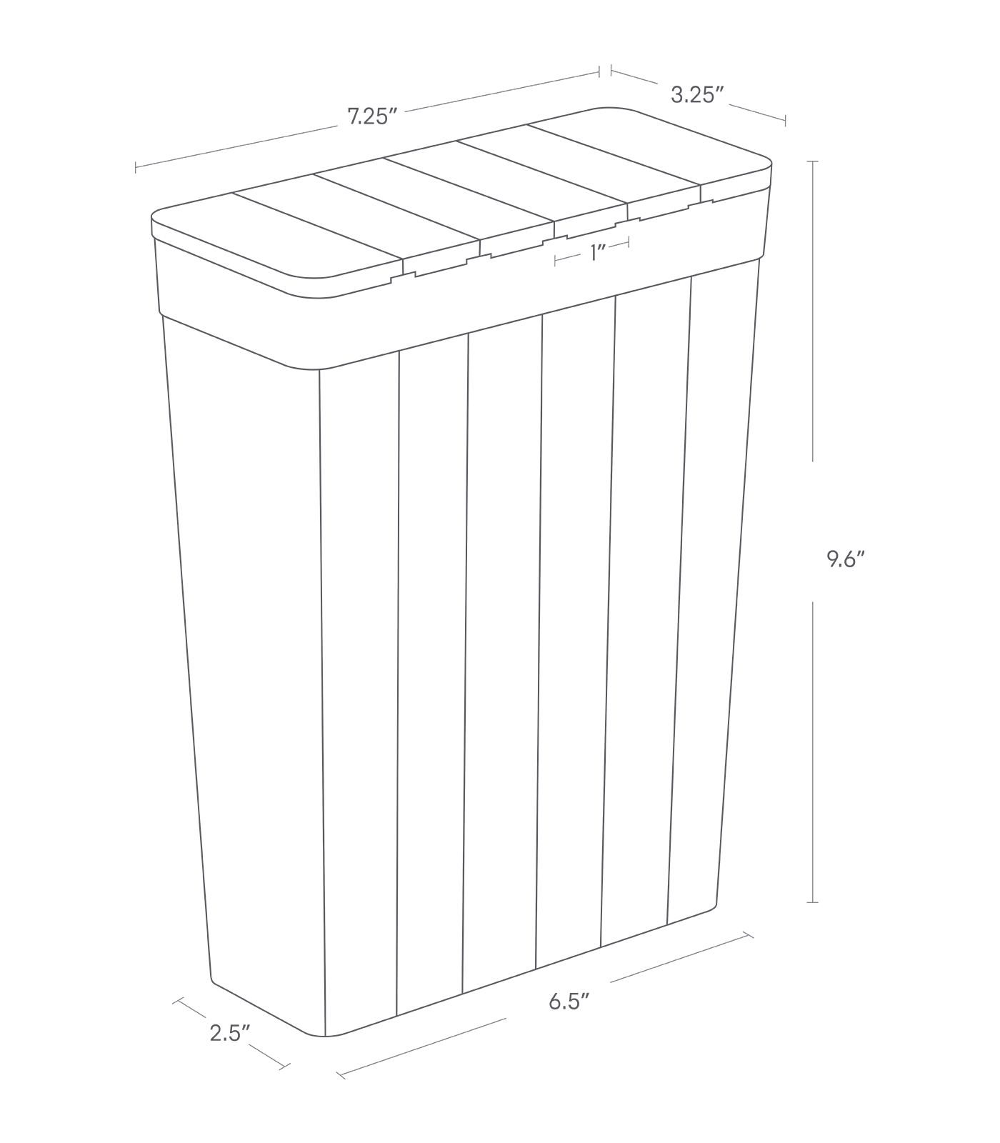 Dimension image for Measuring Storage Container on a white background including dimensions  L 3.35 x W 7.28 x H 9.65 inches