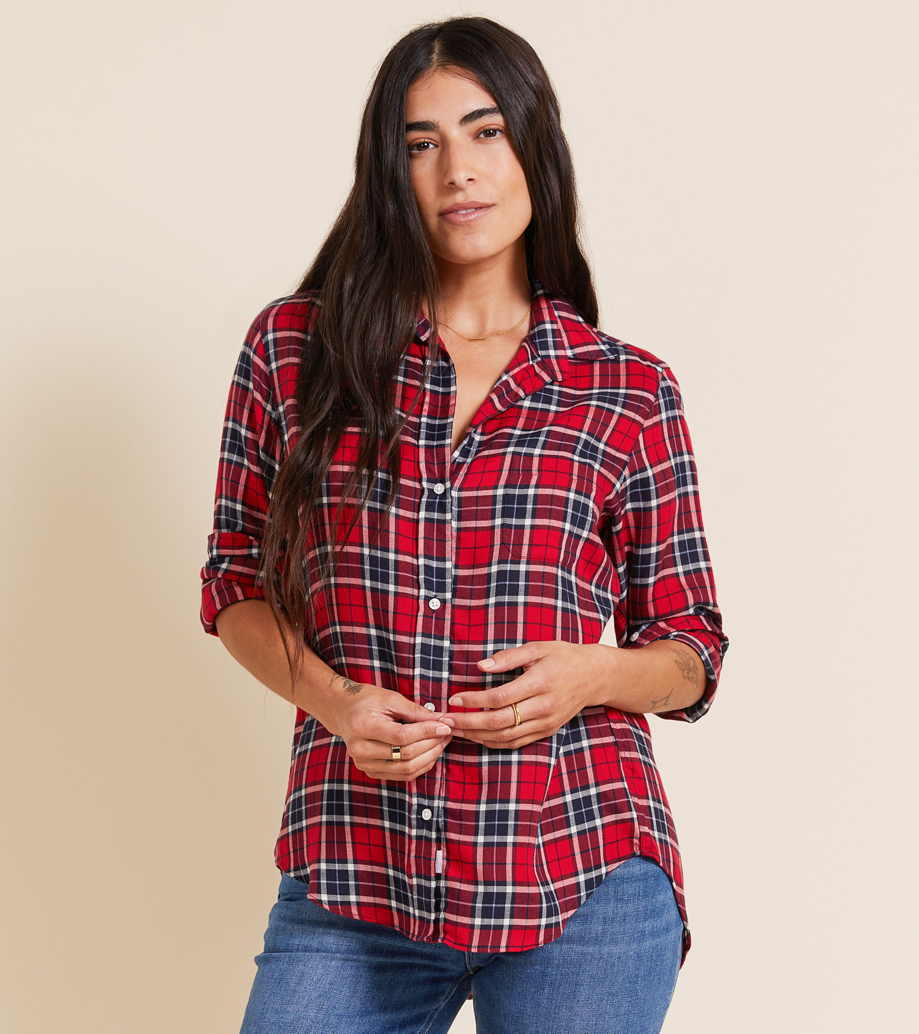 The Hero Button-Up Shirt Red, Navy, and White Plaid, Liquid Flannel Final Sale view 1