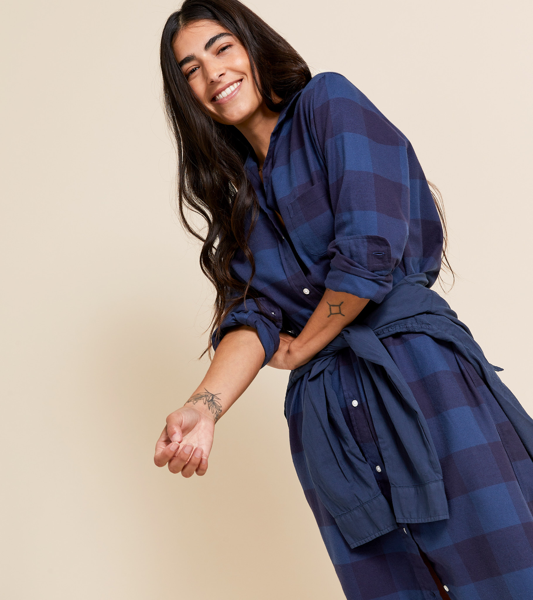 The Hero Midi Dress Navy and Slate Check, Feathered Flannel Final Sale view 1