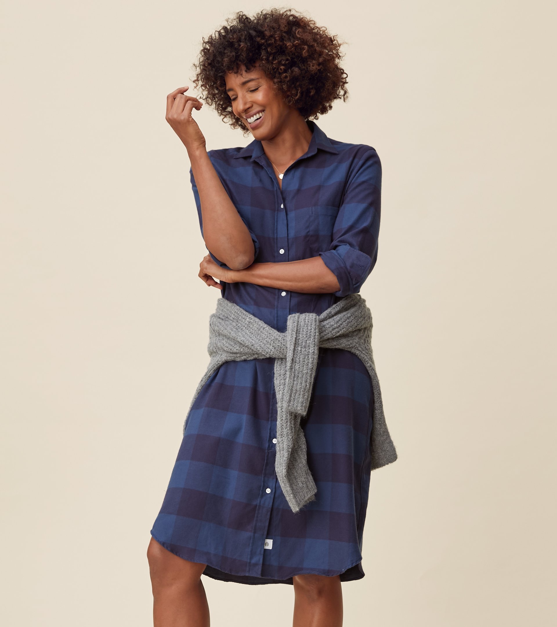 The Hero Midi Dress Navy and Slate Check, Feathered Flannel view 2