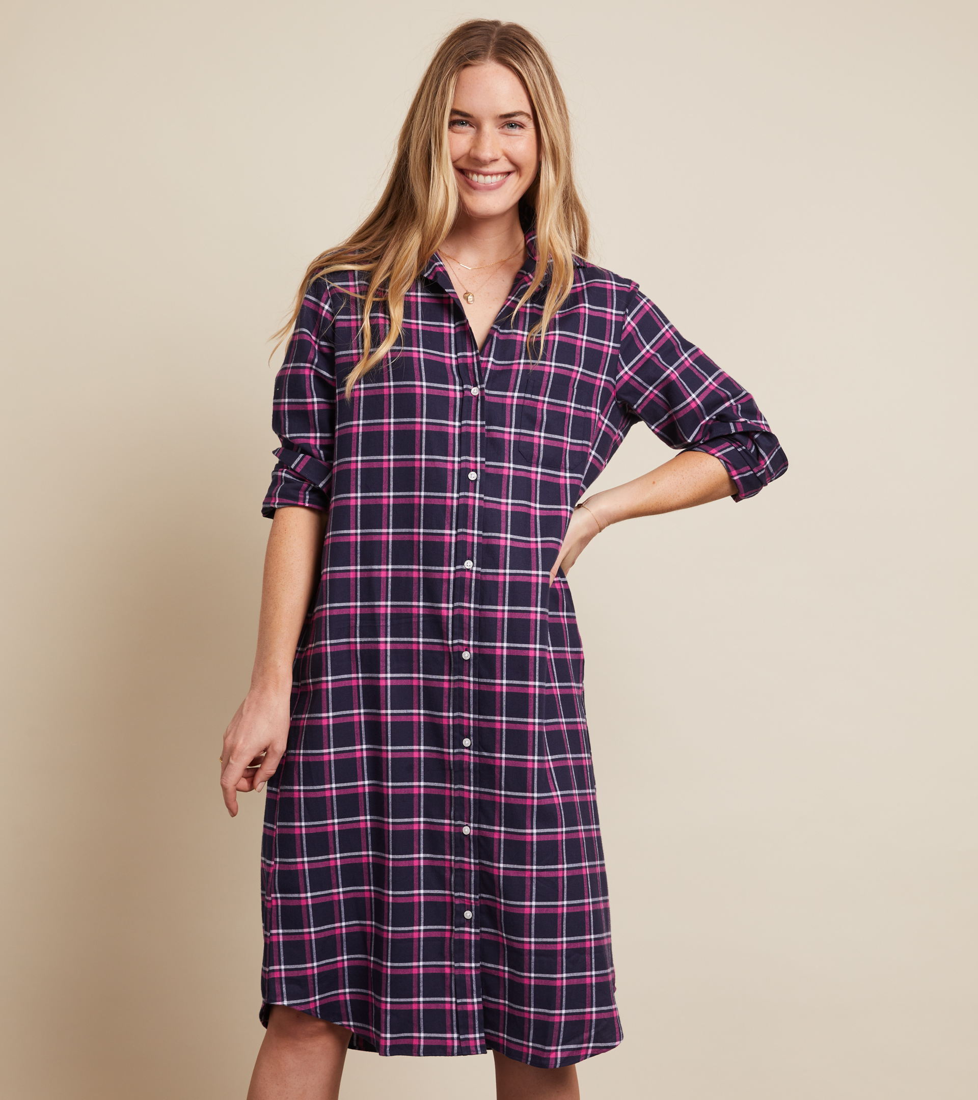 The Hero Midi Dress Navy, Pink, and White Plaid, Feathered Flannel Final Sale view 1