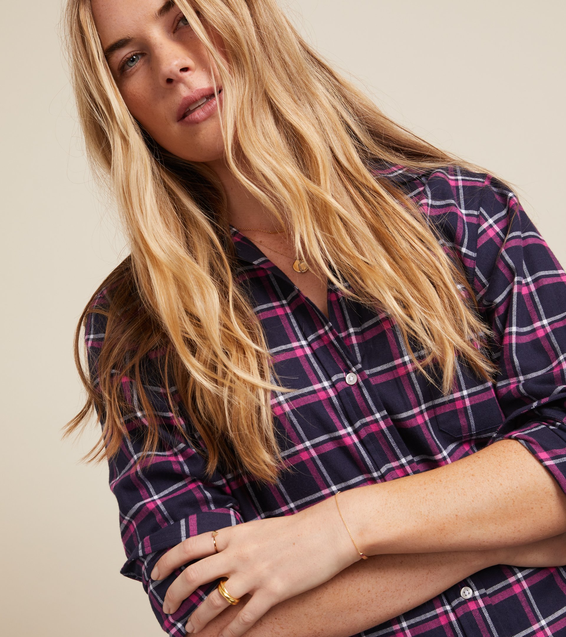 The Hero Midi Dress Navy, Pink, and White Plaid, Feathered Flannel Final Sale view 2