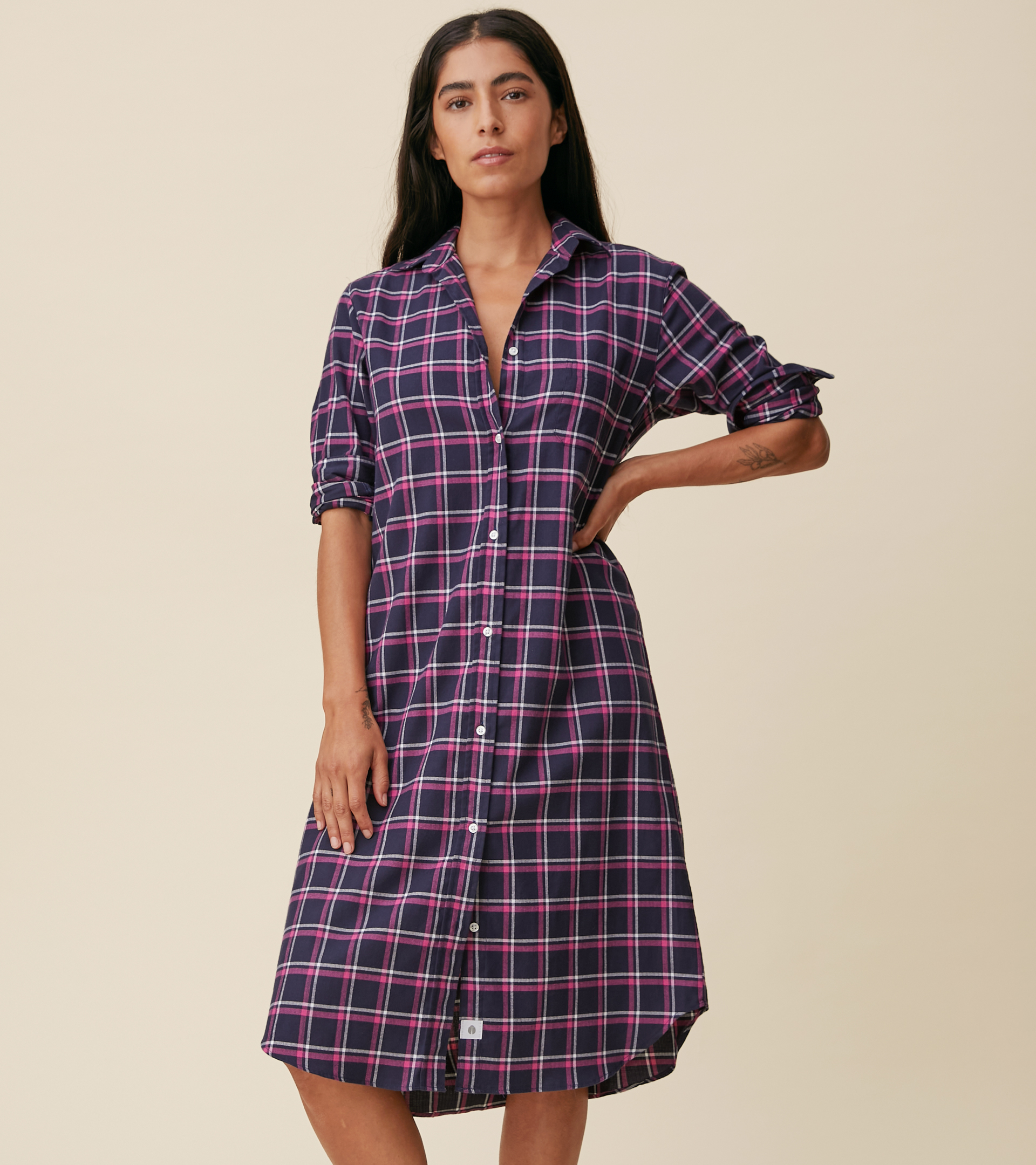 Image of The Hero Midi Dress Navy, Pink, and White Plaid, Feathered Flannel