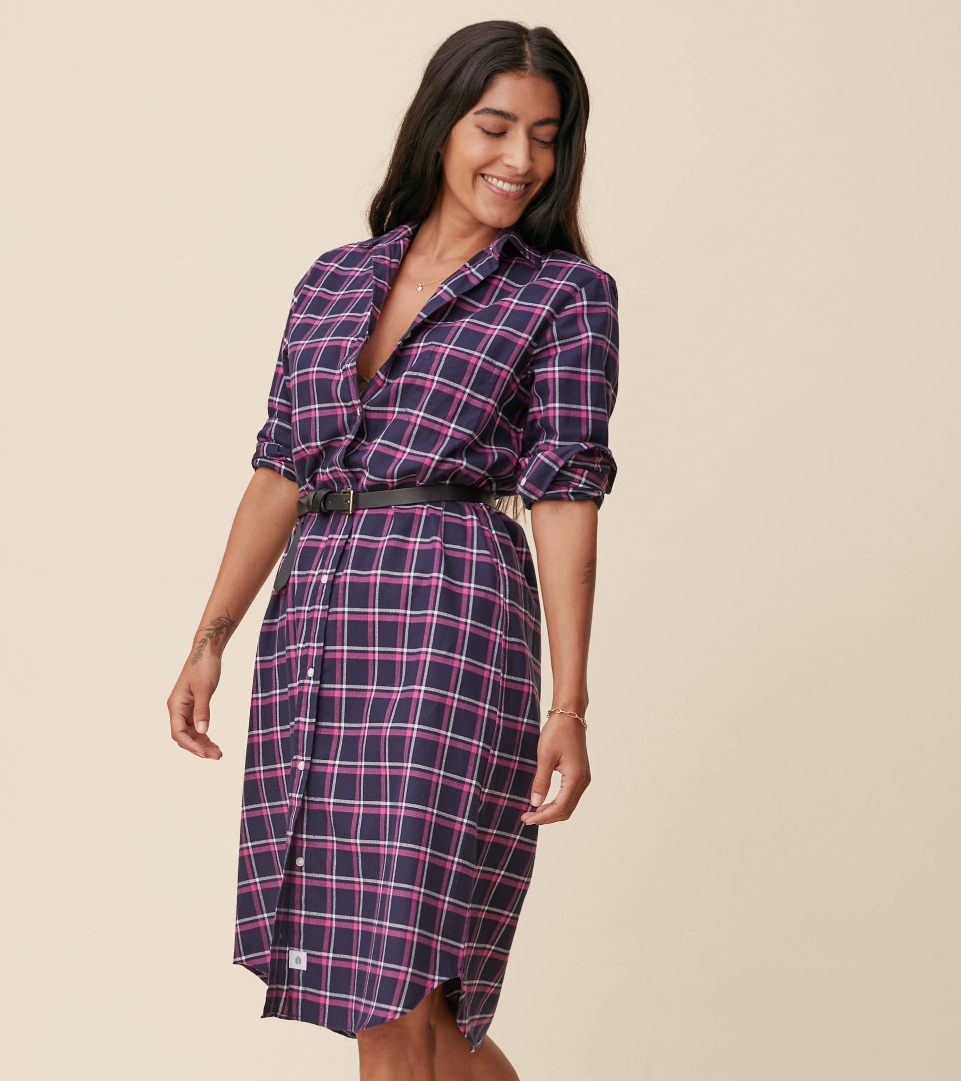 Image of The Hero Midi Dress Navy, Pink, and White Plaid, Feathered Flannel