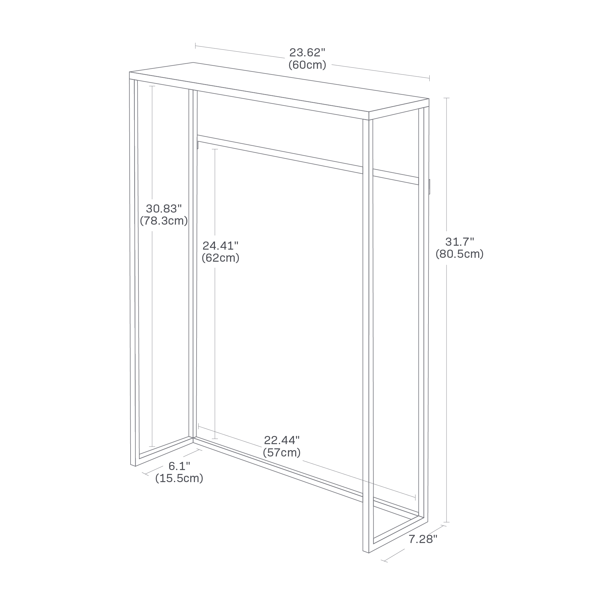 Dimension image for Narrow Entryway Console Table showing a total height of 31.7 inches, length of 23.62 inches, and width of 7.28 inches. Inner height of 30.83 inches, inner length of 22.44 inches and inner width of 6.1 inches. Height from floor to inner rung is 24.41 inches.