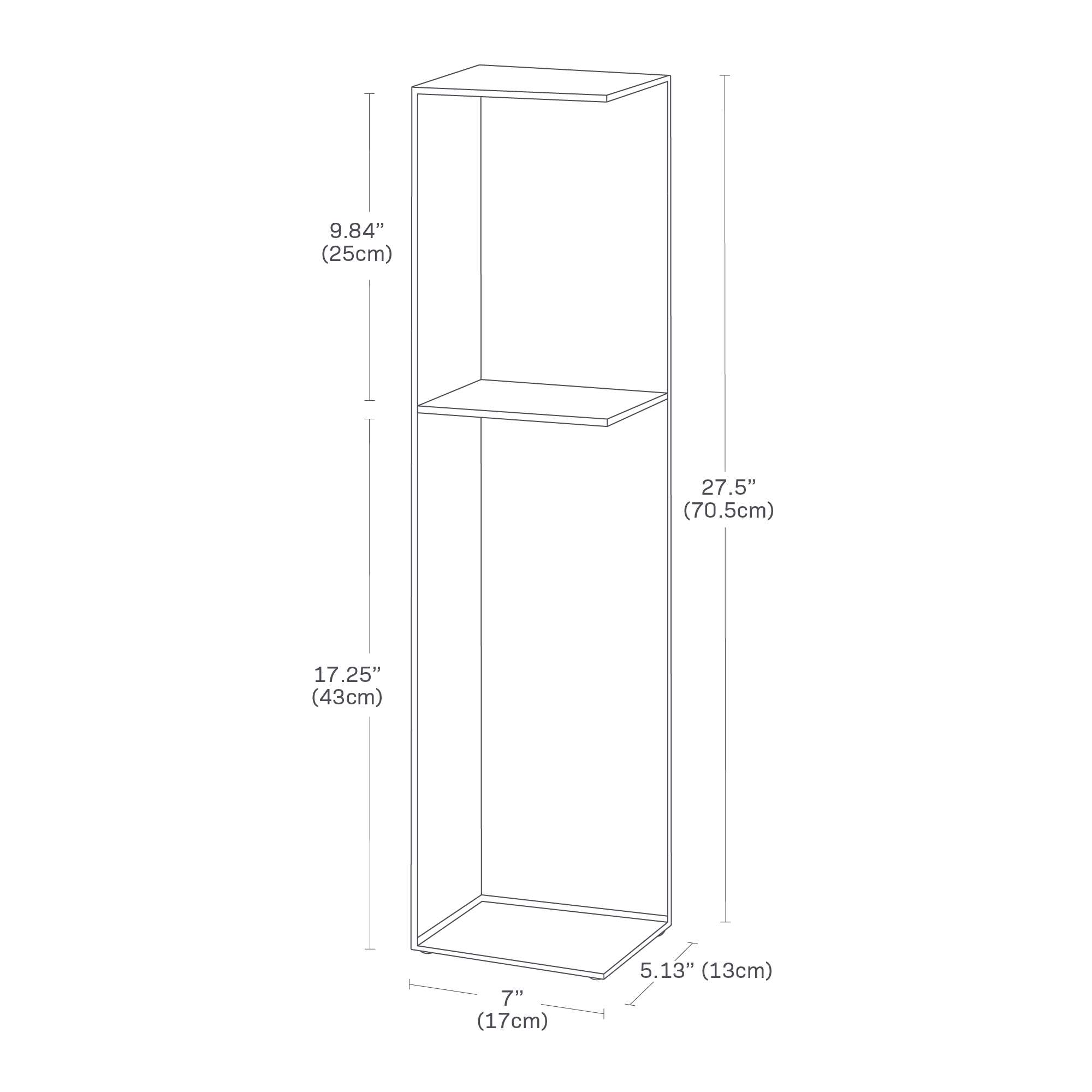 Dimension Image for Bathroom Organizer on a white background showing height of 27.5 inches, width of 7 inches, length of 5.13 inches, and 17>25 inches from ground to middle tier.