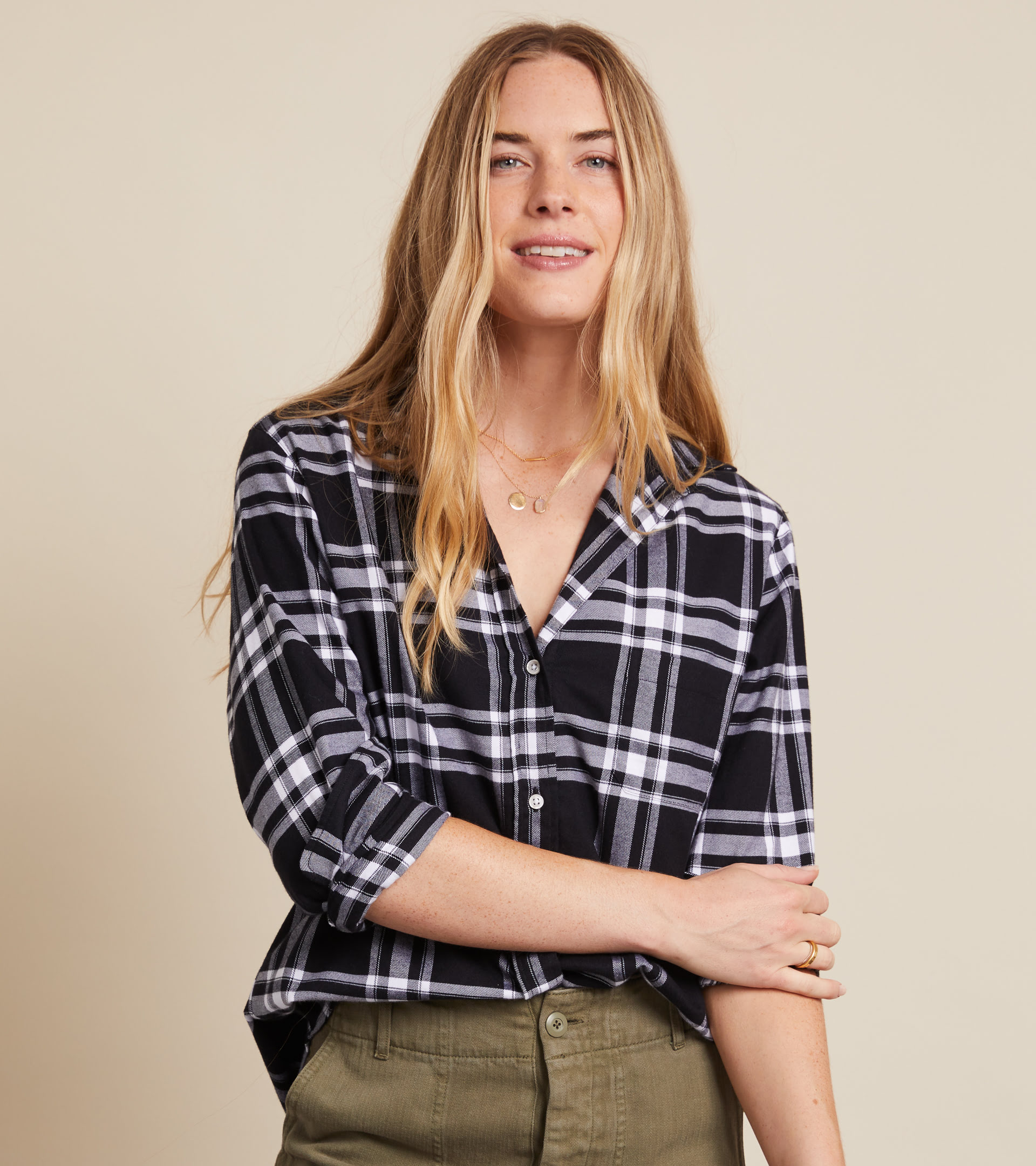 The Hero Button-Up Shirt Black and White Plaid, Feathered Flannel view 1