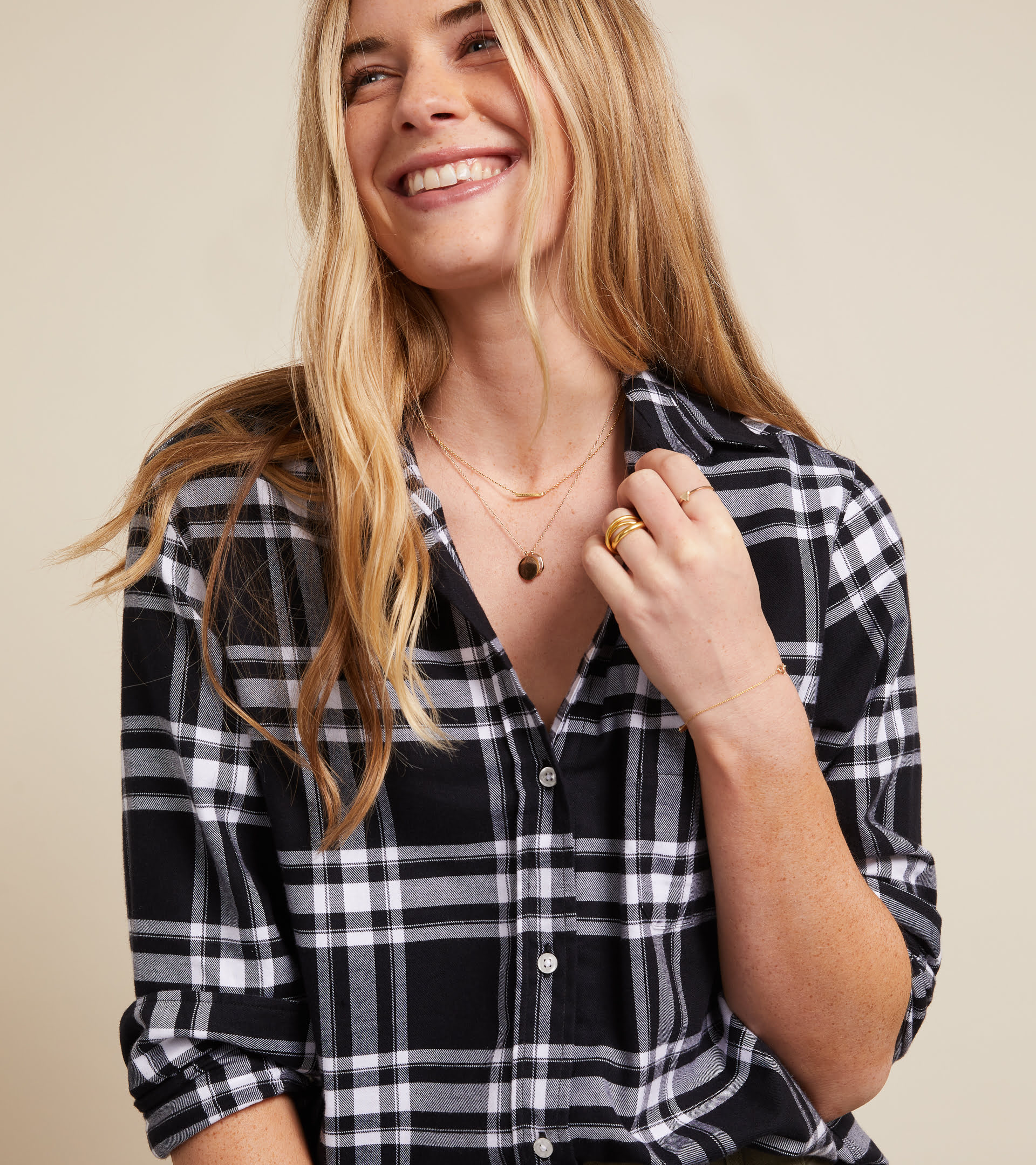 The Hero Button-Up Shirt Black and White Plaid, Feathered Flannel view 2