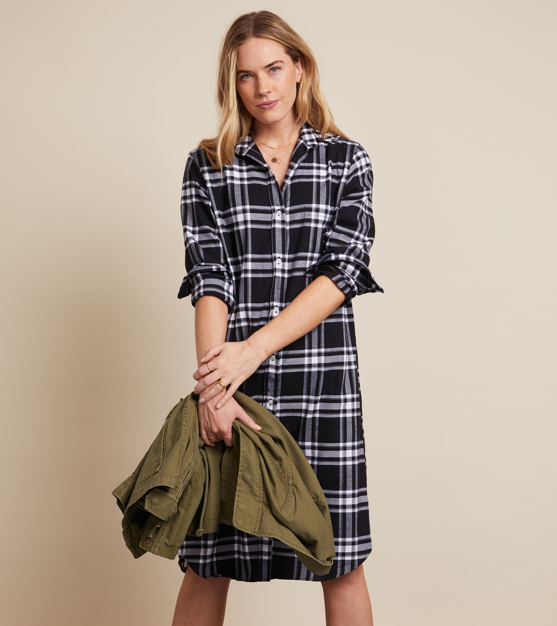 The Hero Midi Dress Black and White Plaid, Feathered Flannel Final Sale view 1