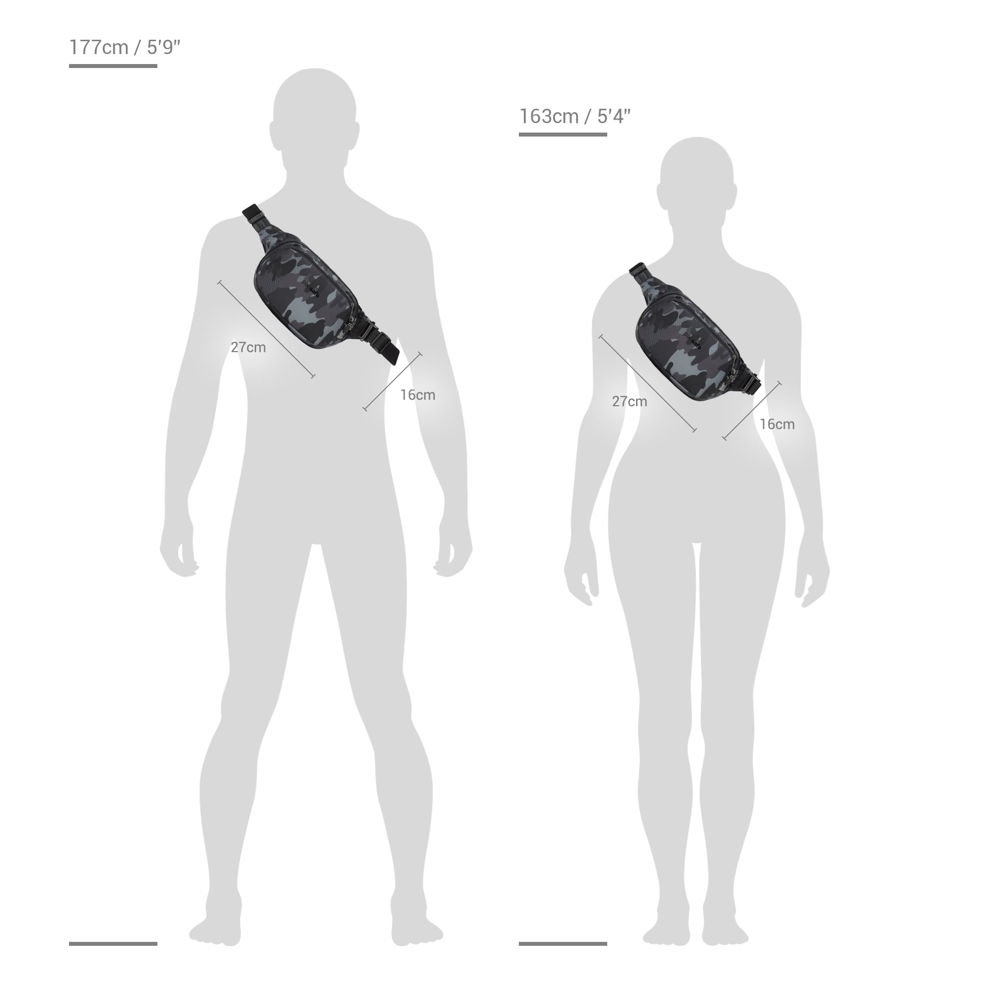 Size chart for Pacsafe® V anti-theft hip pack