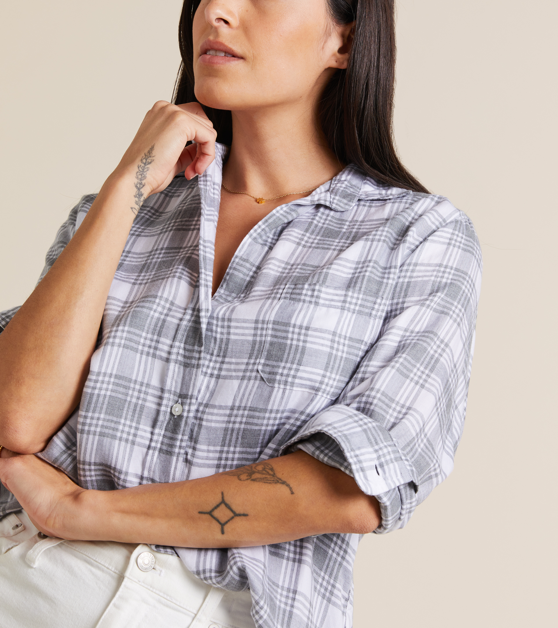 The Hero Button-Up Shirt Gray and White Plaid, Liquid Lyocell Final Sale view 1