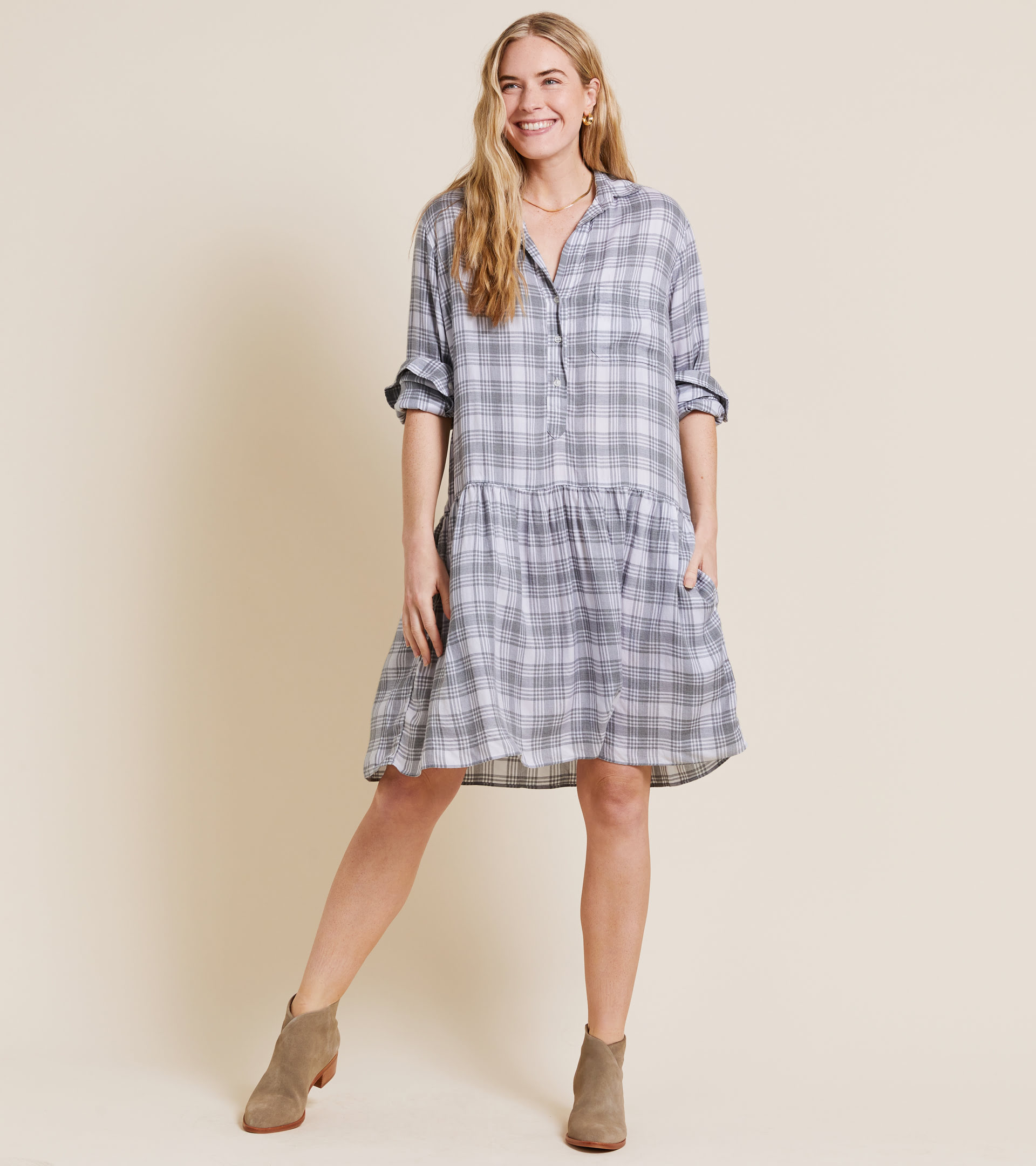 The Changemaker Dress Gray and White Plaid, Liquid Lyocell view 1