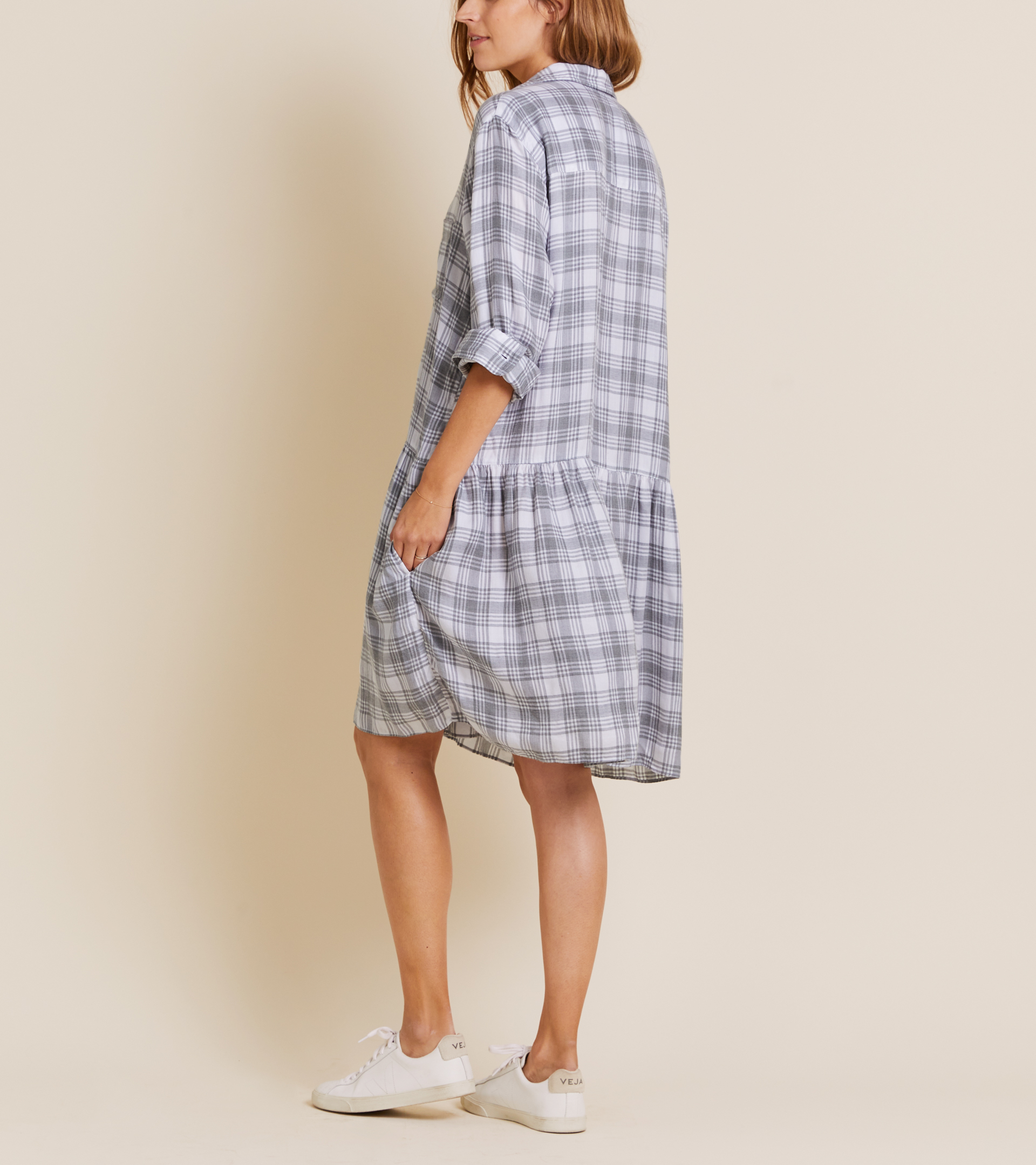 The Changemaker Dress Gray and White Plaid, Liquid Lyocell Final Sale view 2