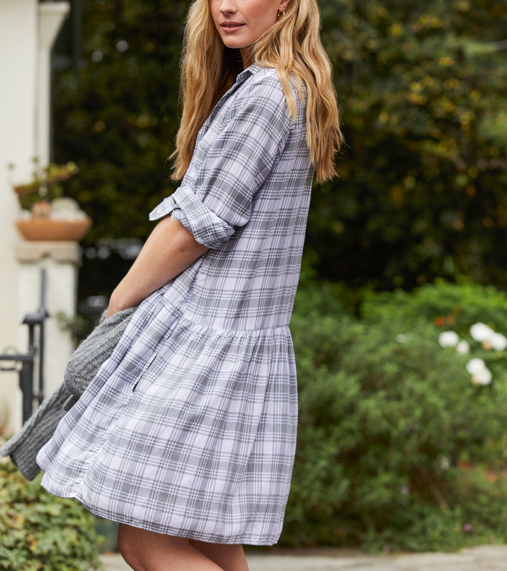 The Changemaker Dress Gray and White Plaid, Liquid Lyocell Final Sale view 1