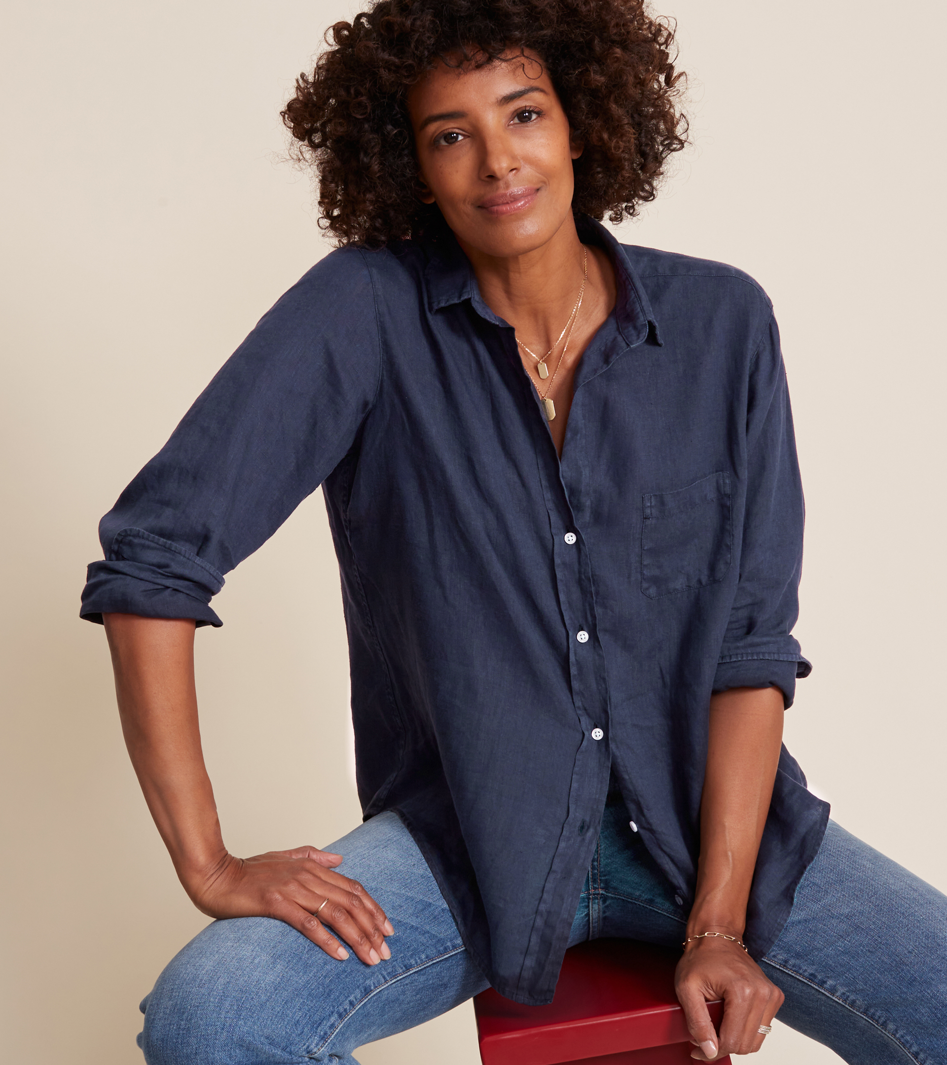 The Hero Button-Up Shirt Navy, Garment Dyed Tumbled Linen view 2