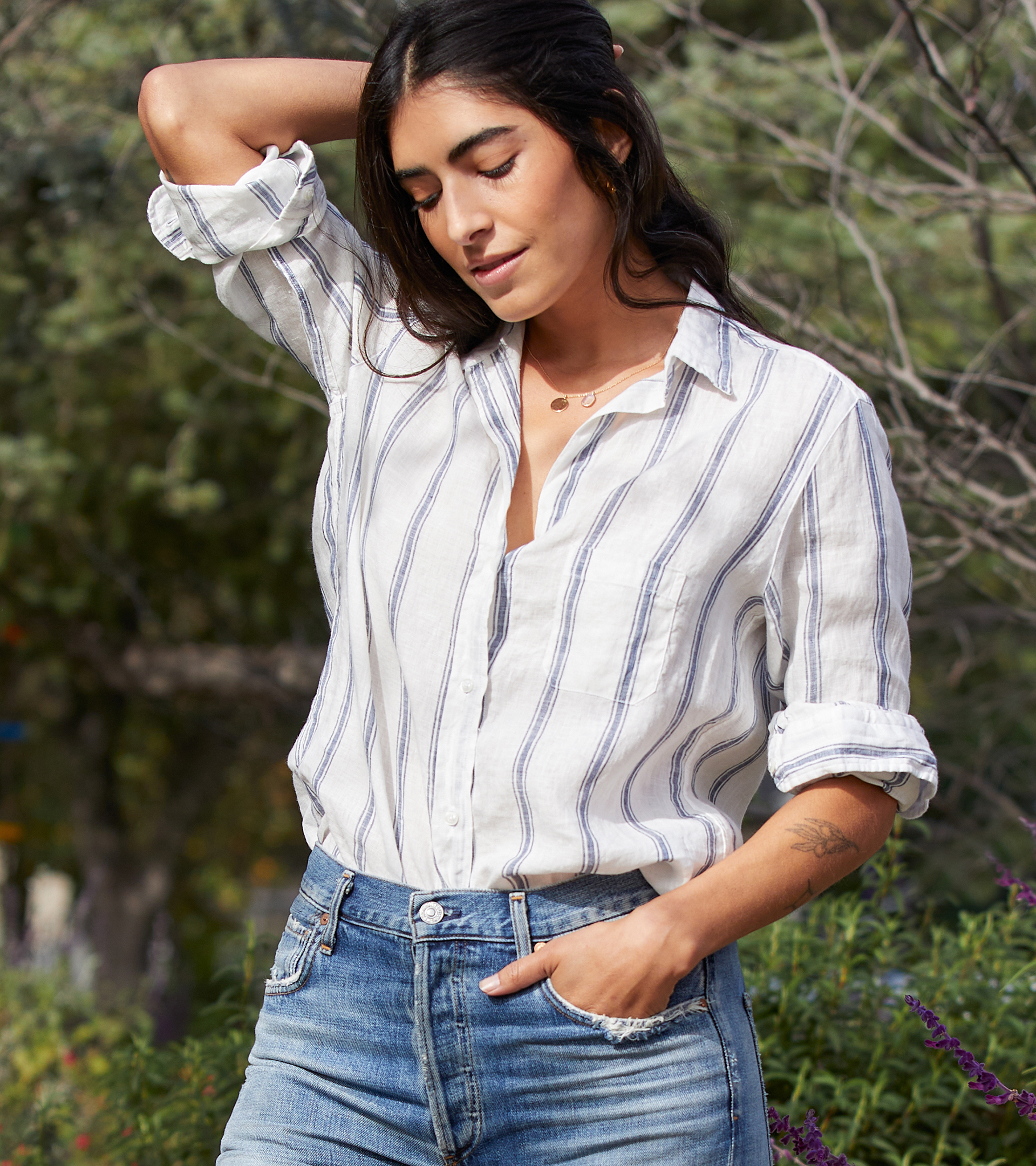 The Hero Button-Up Shirt Navy Stripe, Tumbled Linen view 1