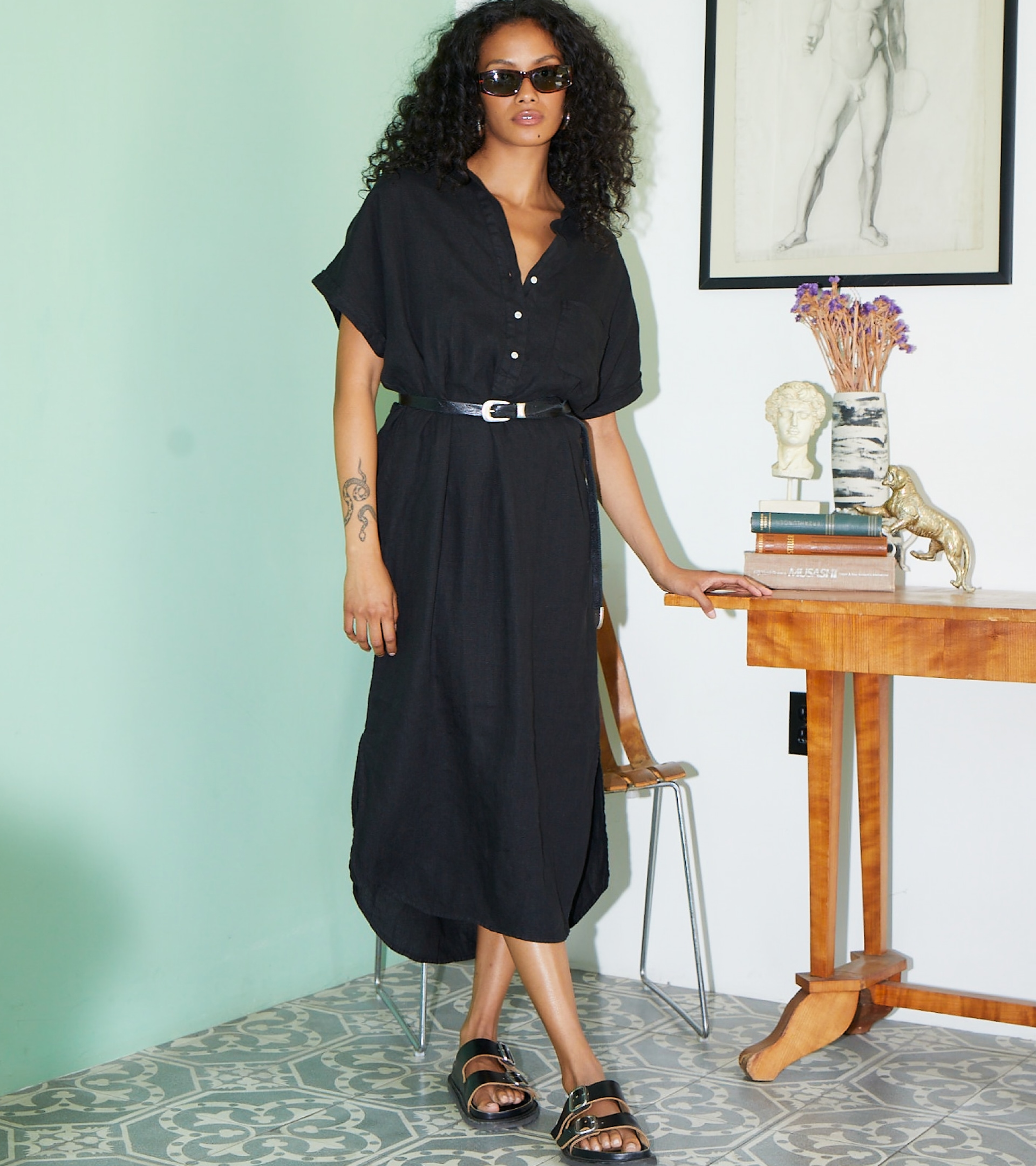 The Artist Full Length Dress Black, Garment Dyed Tumbled Linen view 1